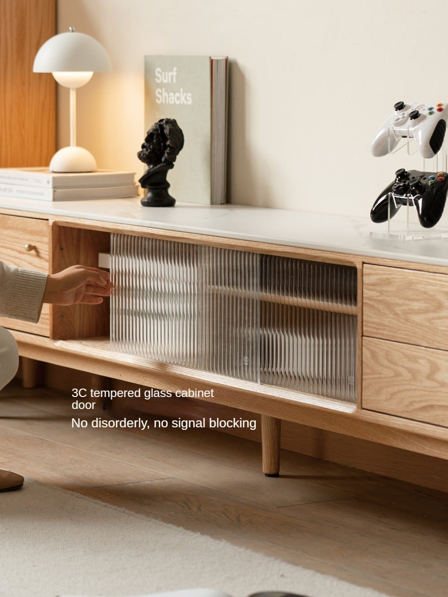 Solid Oak Wood Sliding Door TV Stand with Natural Rock Slab Surface - Modern Entertainment Center for Living Room & Home Theater