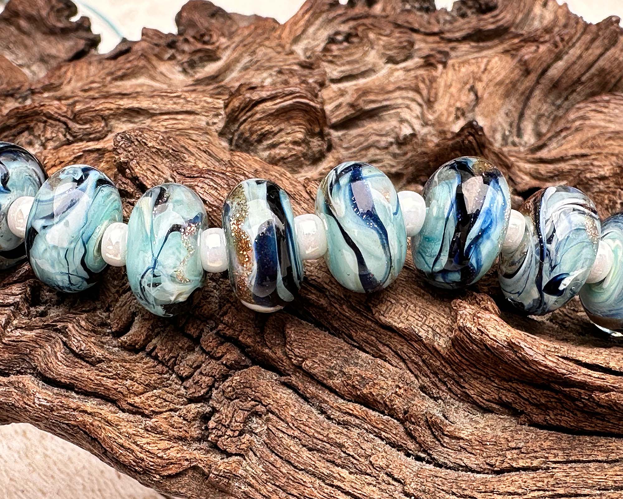 14 Glistening Blue Tide Lampwork Glass Beads Set for Jewelry Making - DIY Bracelets, Necklaces & Craft Projects - SRA