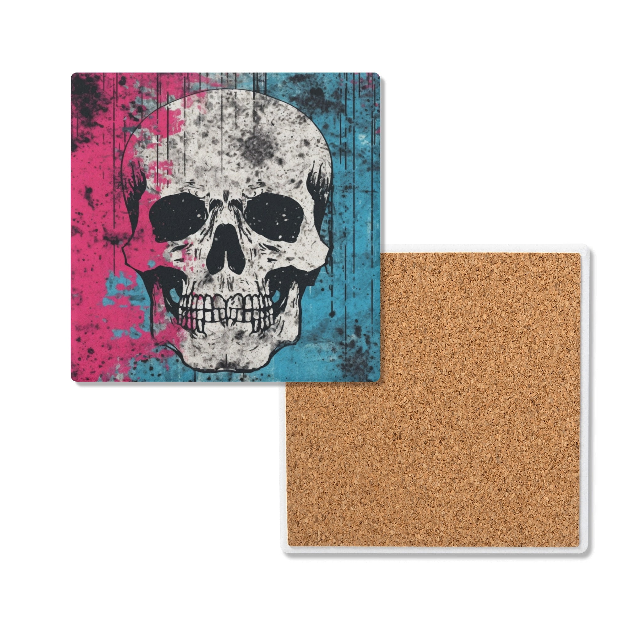 Blue and Pink Skull Square Ceramic Coasters Set of 4 - Absorbent Drink Coasters for Coffee Table, Bar, Office & Home Decor - Unique Gothic Style Coasters for Parties, Gifts & Everyday Use