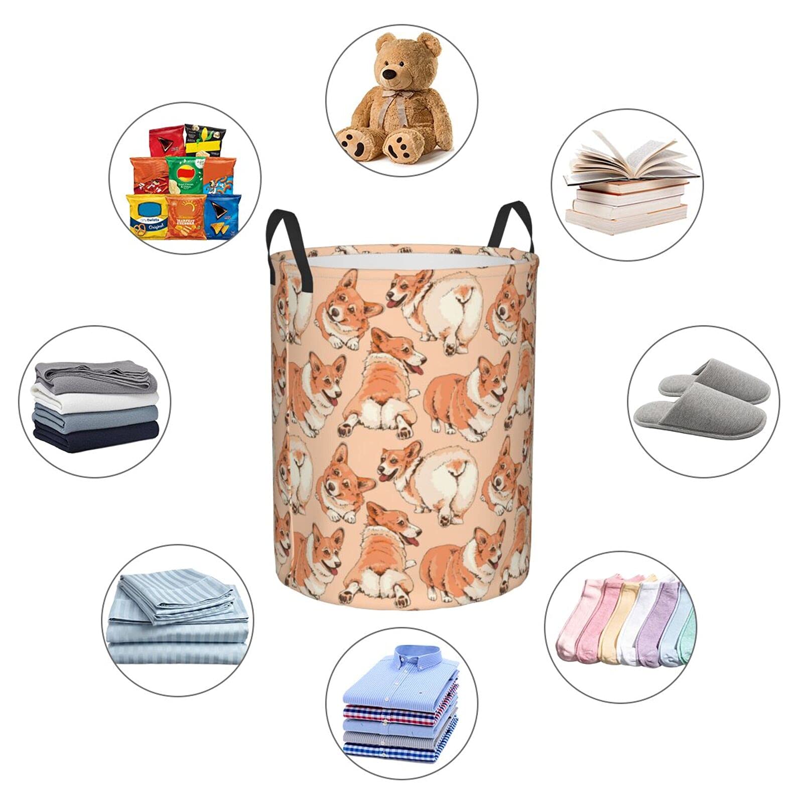 Funny Cute Corgi Dog Collapsible Laundry Basket with Handle - Waterproof Fabric Hamper for Clothes, Toys & Bathroom Storage - Large Foldable Organizer Bin for Dirty Laundry (Perfect for Bedroom, Nursery & Laundry Room Organization)