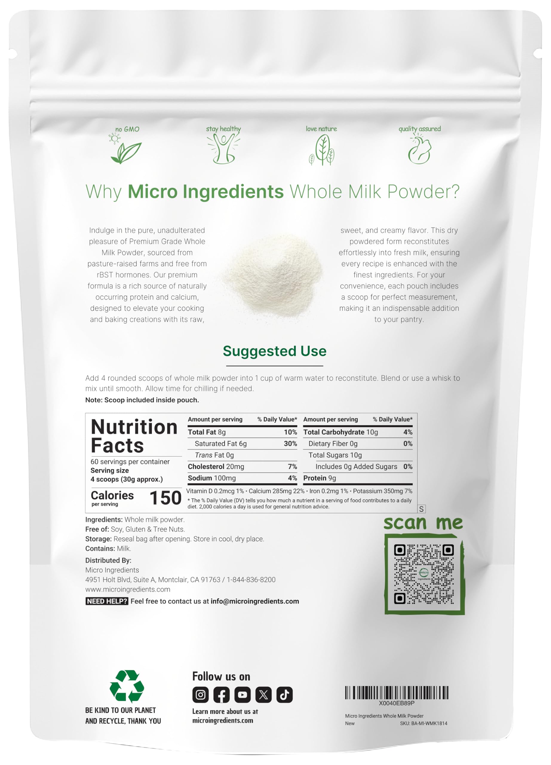 Micro Ingredients Whole Milk Powder, 4lbs | rBST Hormone Free, Pasture Raised, Non-GMO, High Protein | Premium Grade Powdered Milk for Baking, Cooking & Smoothies | Rich in Calcium & Vitamins