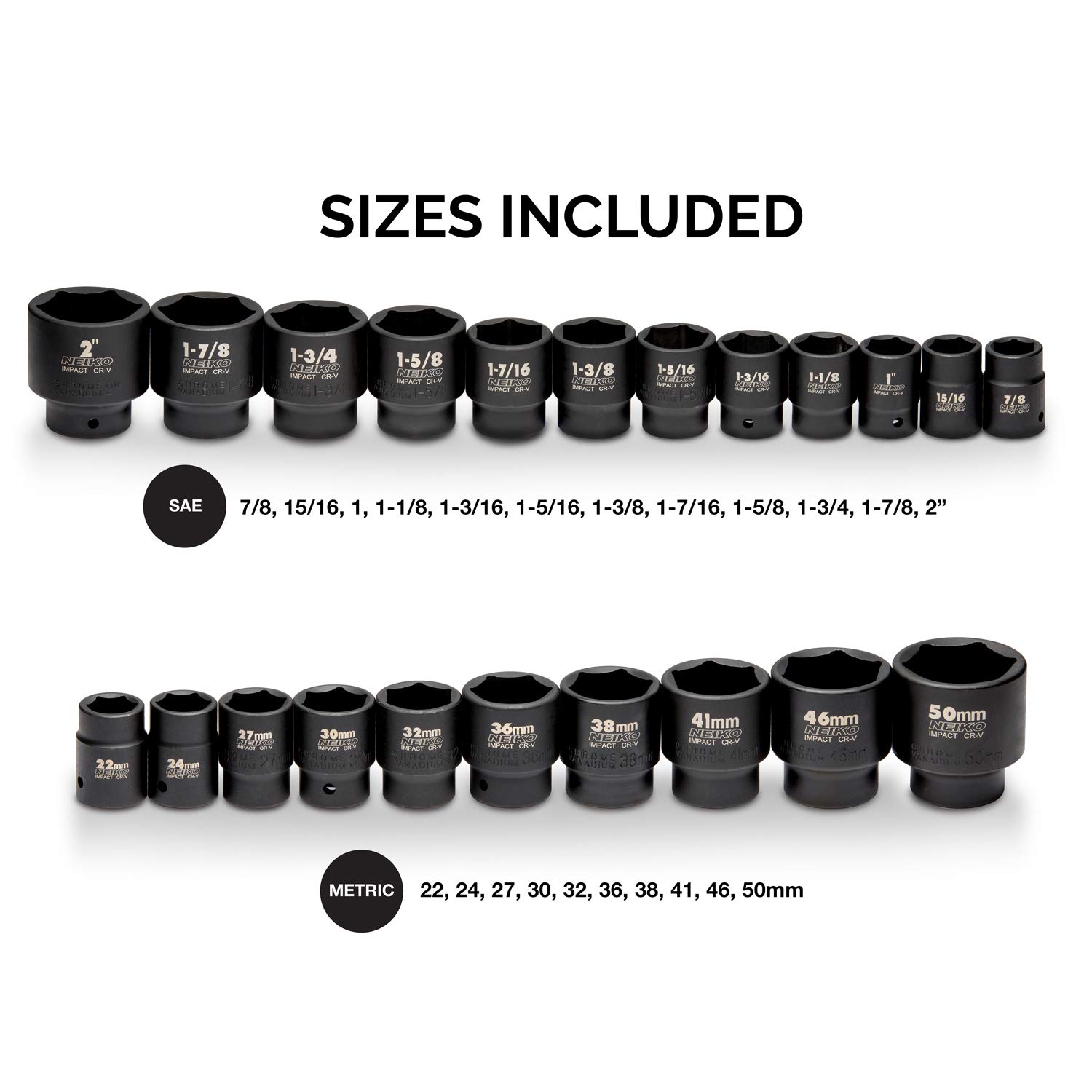 NEIKO 02499A 3/4-Inch Drive Jumbo Master Impact Socket Set - 27-Piece SAE & Metric Shallow Sockets (7/8