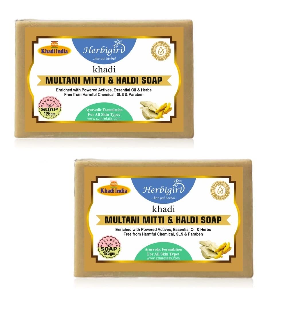 HERBIGIRI KHADI Natural Handmade Soap Combo - Multani Mitti & Haldi (Turmeric) Soap Bars Enriched with Essential Oils, 125g Each (Pack of 2) | Organic Skincare for Glowing Face & Body | Perfect for Daily Cleansing & Ayurvedic Self-Care Routine