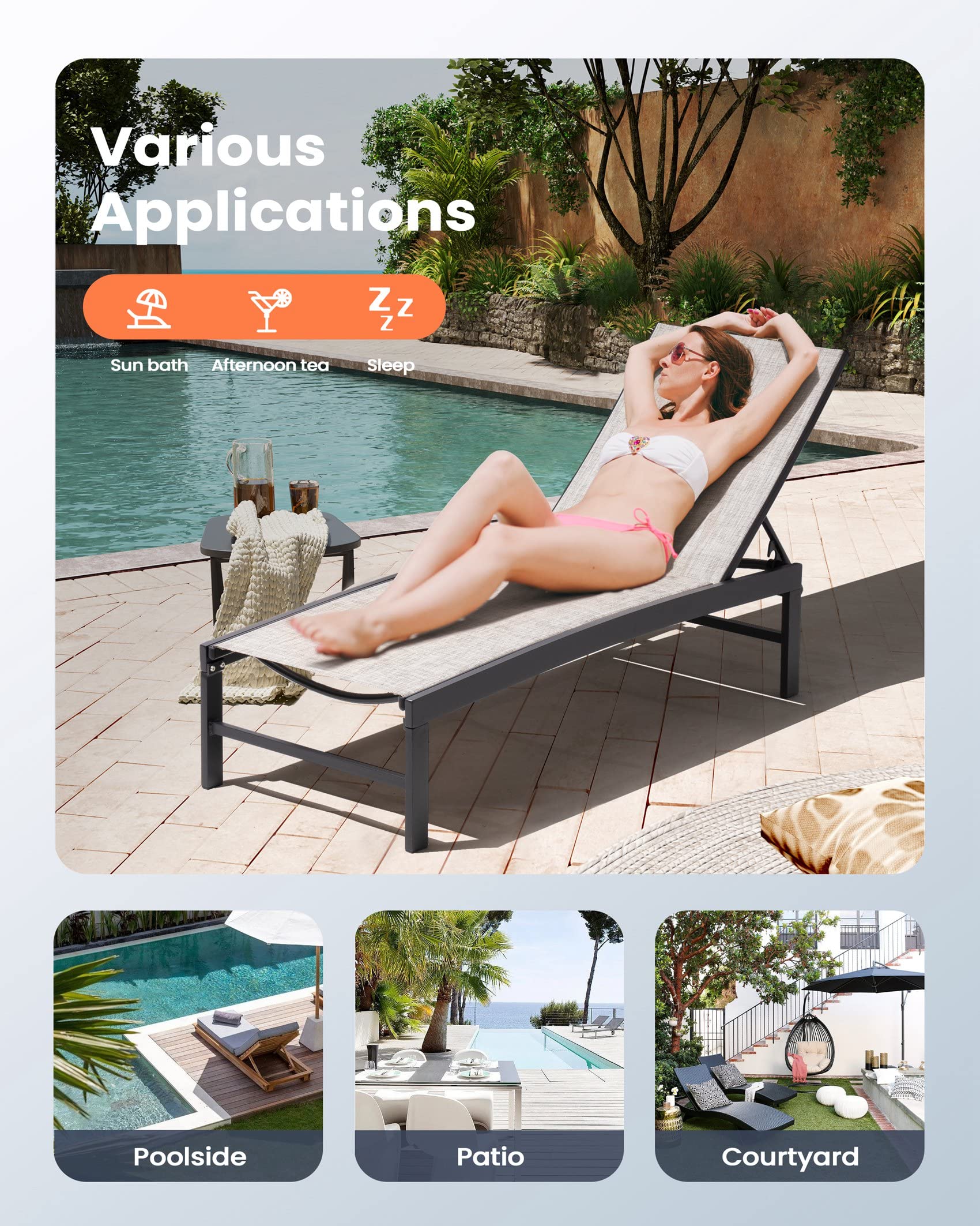 Pellebant Outdoor Lounge Chairs Set of 2 - Adjustable Backrest Patio Chaise Lounges, Rustproof Aluminum Poolside Sunbathing Chairs for Deck, Garden & Beach (2-Piece, Earth Tone) - Perfect for Relaxing by the Pool, Backyard Lounging or Coastal Getaways