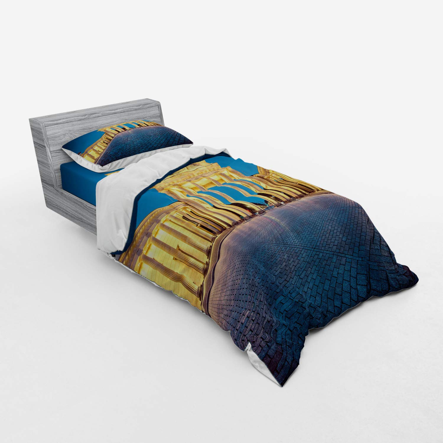Ambesonne 3-Piece Travel Bedding Set - Twin Size Duvet Cover with Sham & Fitted Sheet, Classic Brandenburg Gate Germany Landmark Design in Blue Yellow Pink | Perfect for Dorm Rooms, Guest Beds & Vacation Homes