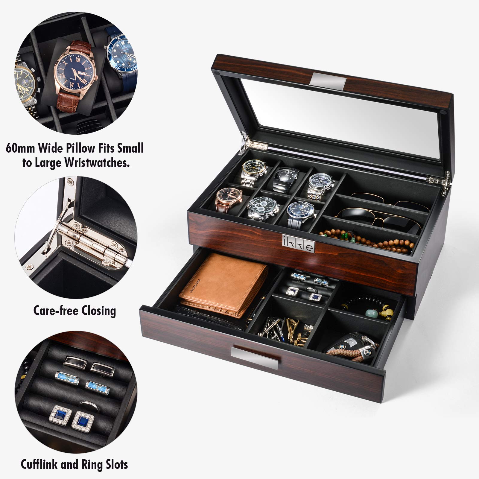 Premium Wooden Watch Box Organizer for Men - Luxury Valet Drawer & Glass Top Display Case - Jewelry Storage Gift for Him - Perfect for Watch Collectors & Fashion Accessories Organization