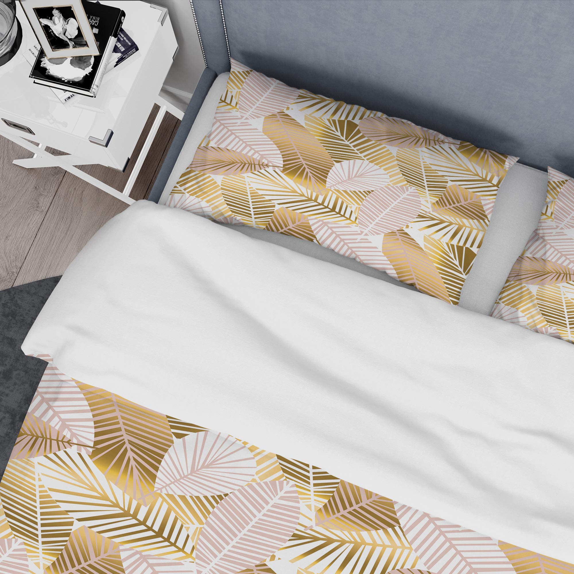 DesignQ Golden Palm Leaves Mid-Century Modern Duvet Cover Set - Twin Size 3-Piece All Season Bedding in Gold | Bohemian Chic Home Decor for Guest Rooms & Vacation Rentals