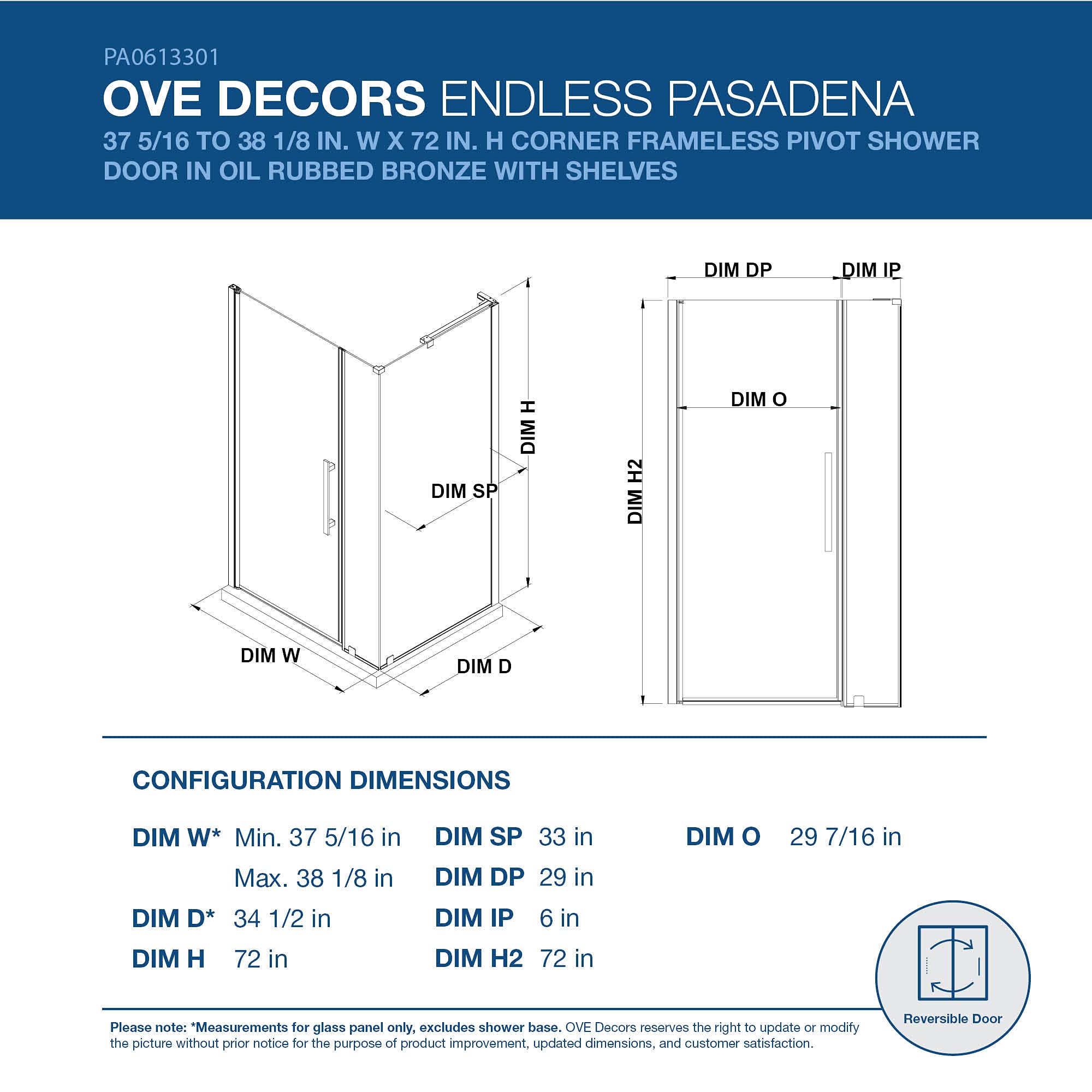 OVE Decors Frameless Pivot Shower Door 38x33 Inches - Oil Rubbed Bronze Corner Shower Enclosure with Built-in Shelves (Model PA0613301) | Perfect for Modern Bathroom Renovations & Space-Saving Design