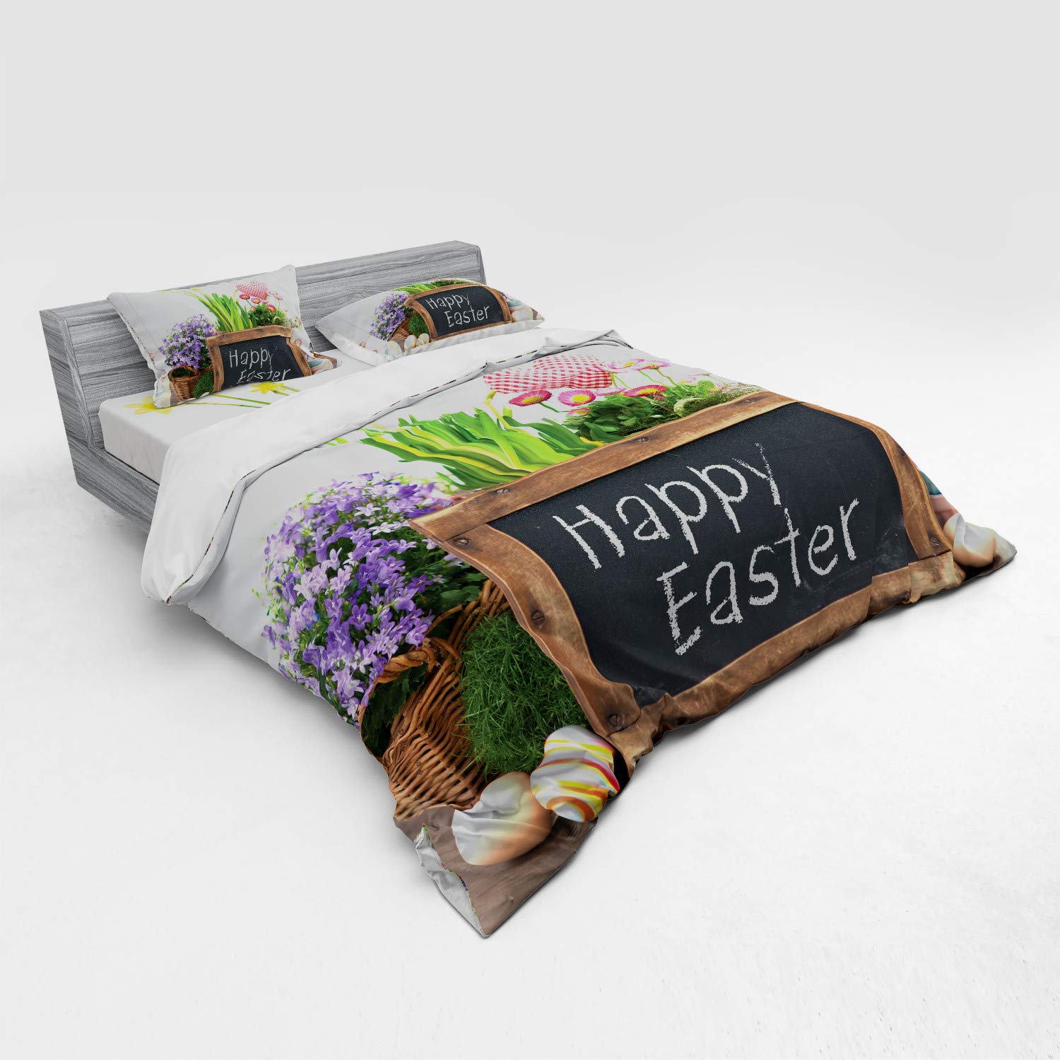Ambesonne Easter Duvet Cover Set 4-Piece King Size - Floral Egg Chalkboard Design on Rustic Wooden Table - Holiday Bedding Set with Shams & Fitted Sheet - Perfect for Spring Decor, Easter Celebrations & Farmhouse Style Bedrooms