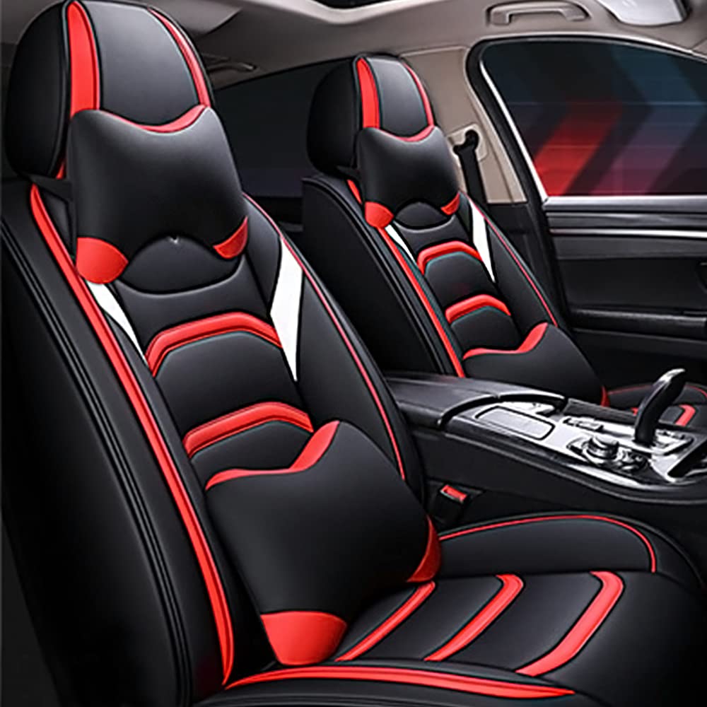 Premium All-Season Luxury Car Seat Covers for Volkswagen Jetta - Leather, Waterproof, Non-Slip & Airbag Compatible (Black/Red) | Perfect for Daily Commute, Road Trips & Car Protection