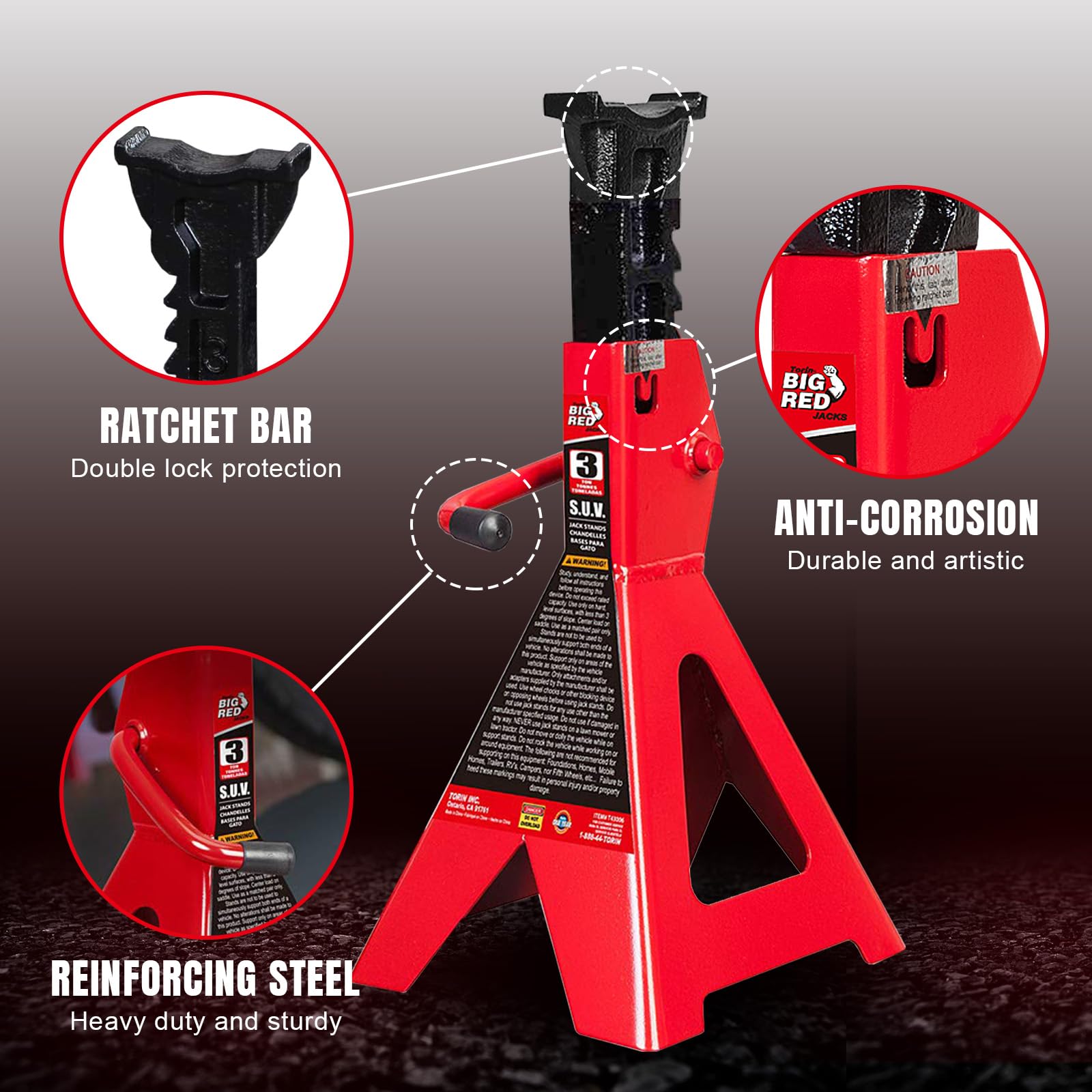 BIG RED Torin 3 Ton Heavy Duty Steel Jack Stands - Pair (2 Pack) for Cars, Trucks, SUVs & Trailers - Red Safety Stands for Vehicle Maintenance & Repair