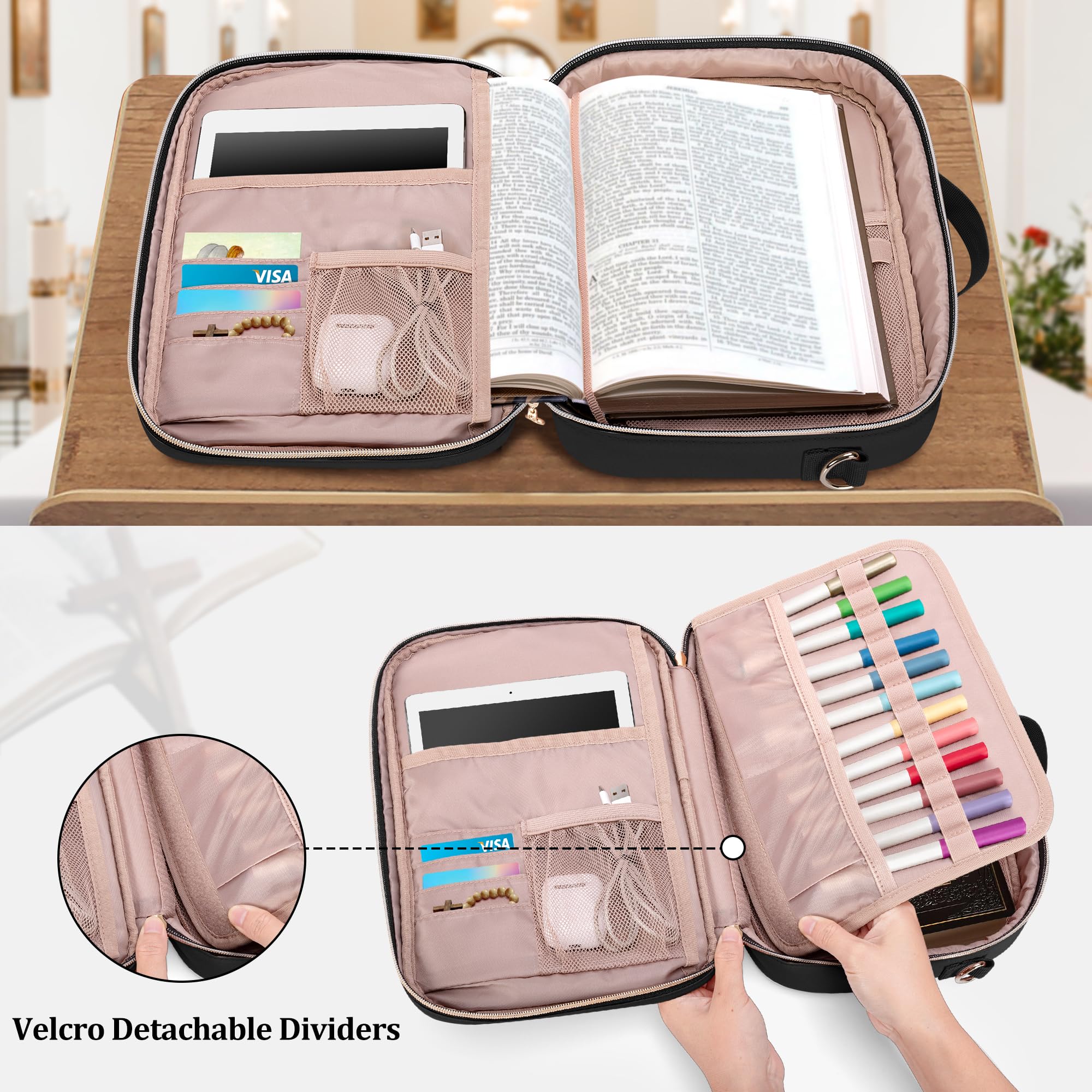 Teamoy Large Bible Cover for Men & Women - Quilted Church Bag with Shoulder Strap & Detachable Pen Slots - Perfect for Church, Bible Study & Travel - Black