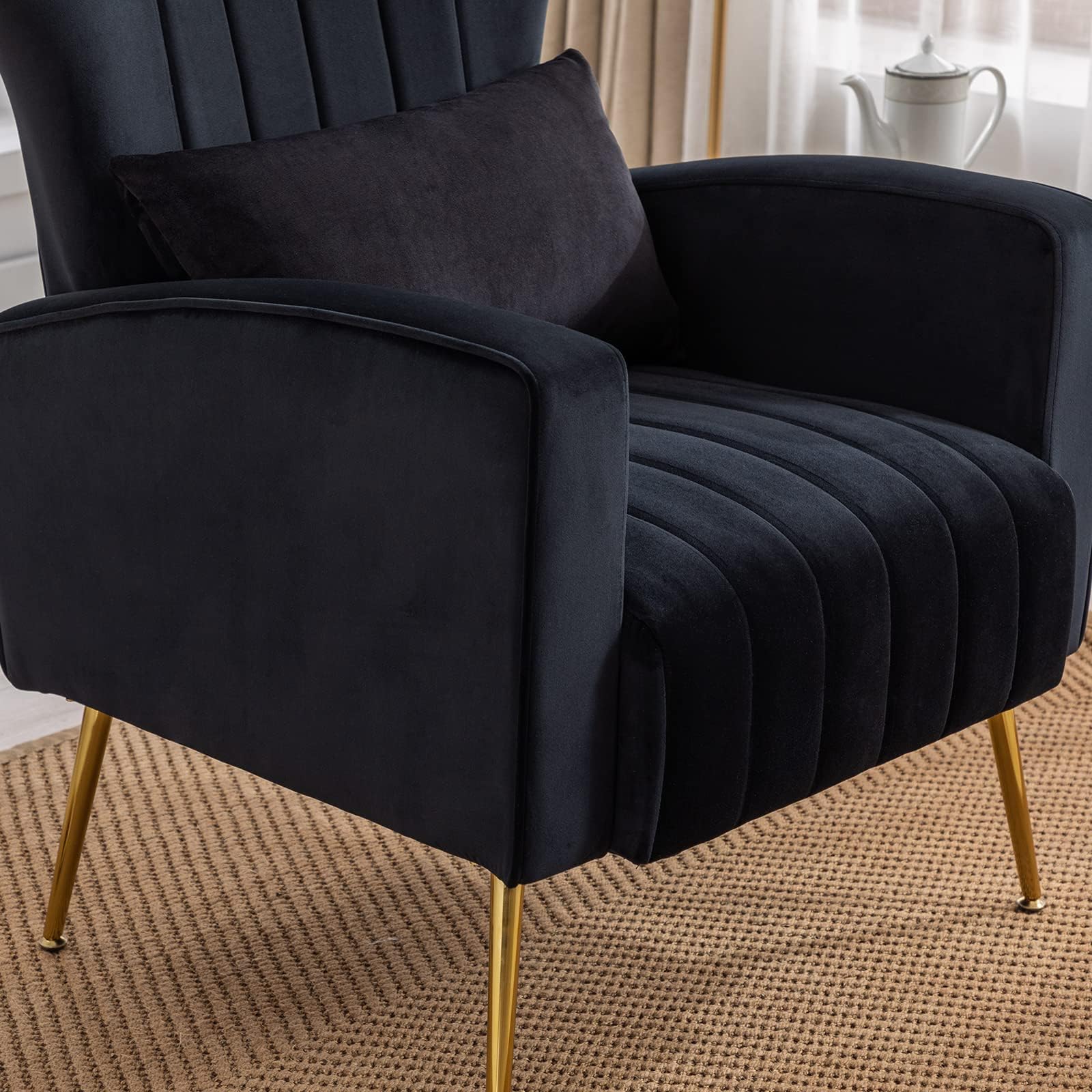 Velvet Accent Armchair - Modern Wingback Lounge Chair with Lumbar Pillow & Gold Legs for Living Room, Bedroom, Reading Corner | Comfy Seating for Relaxation, Reading & Home Decor (Black)