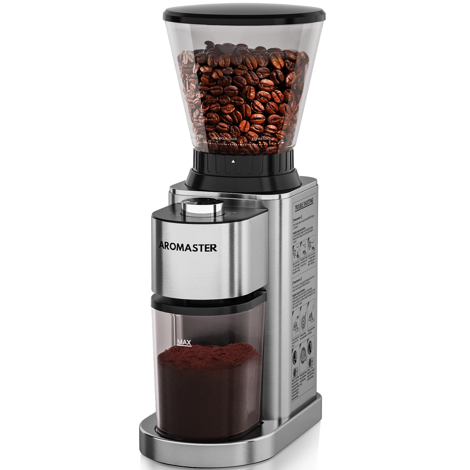 Premium Aromaster Burr Coffee Grinder - Stainless Steel Conical Mill for Espresso, French Press & Drip Coffee | Quiet Electric Coffee Bean Grinder for Home & Office Use