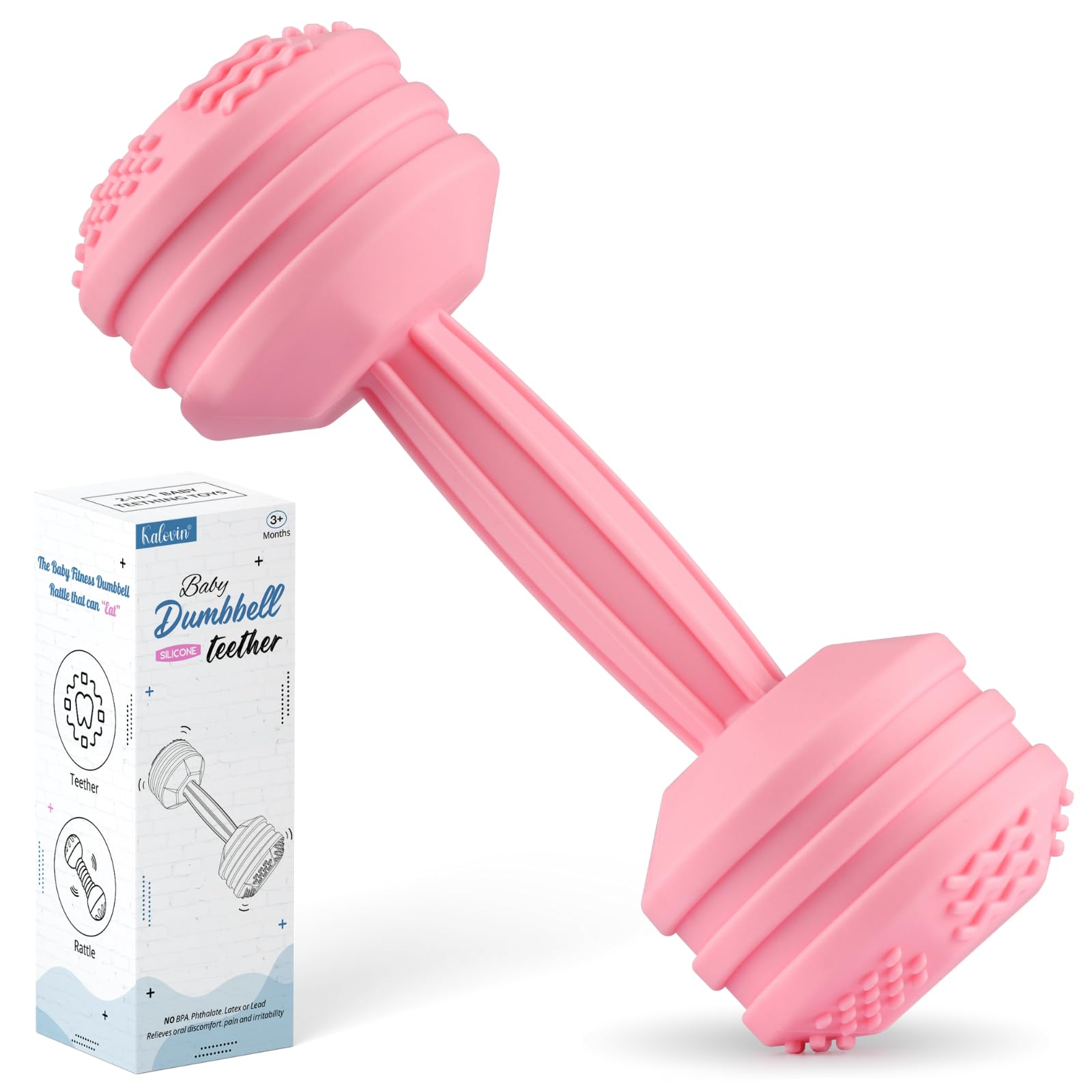 Baby Dumbbell Toy - Safe Silicone Teething & Sensory Rattle for Infants 0-12 Months | Developmental Learning Toy for Boys & Girls | Perfect Baby Shower Gift (Pink) - Ideal for Tummy Time, Early Motor Skills & Sensory Play
