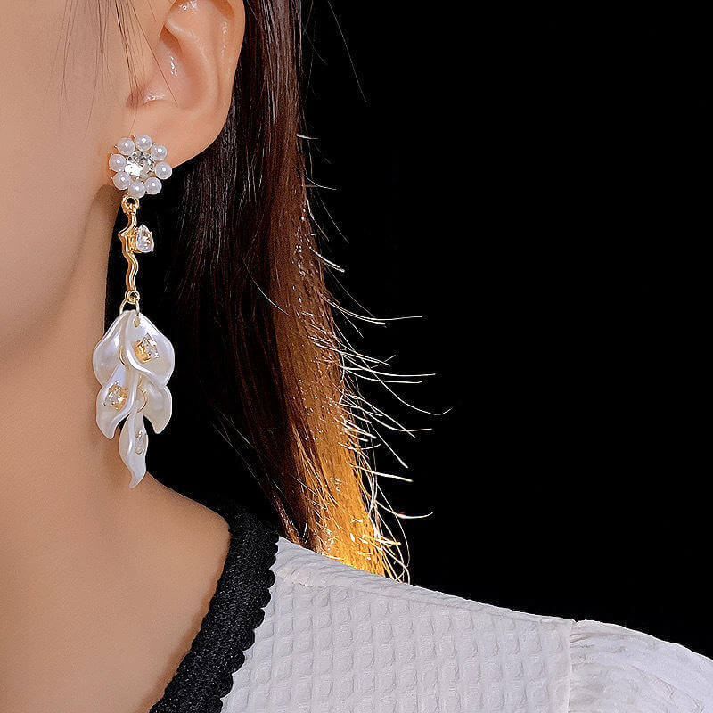 Pearl Petal Drop Earrings N2393 - Elegant Floral Dangle Earrings for Women, Perfect for Weddings, Parties & Special Occasions
