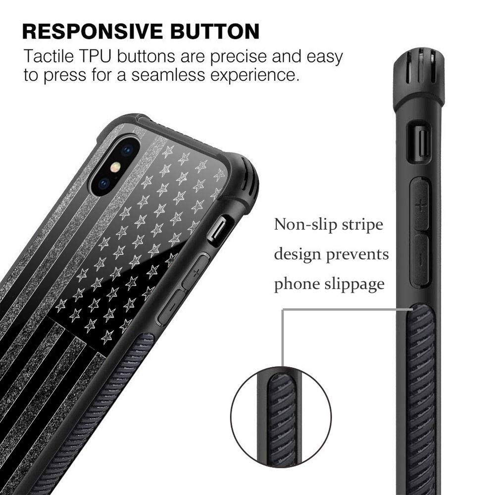American Flag iPhone Xs Max Case - Black & White Tempered Glass Back with Soft Silicone TPU Shock Protection | Durable Phone Cover for Everyday Use, Travel & Outdoor Activities