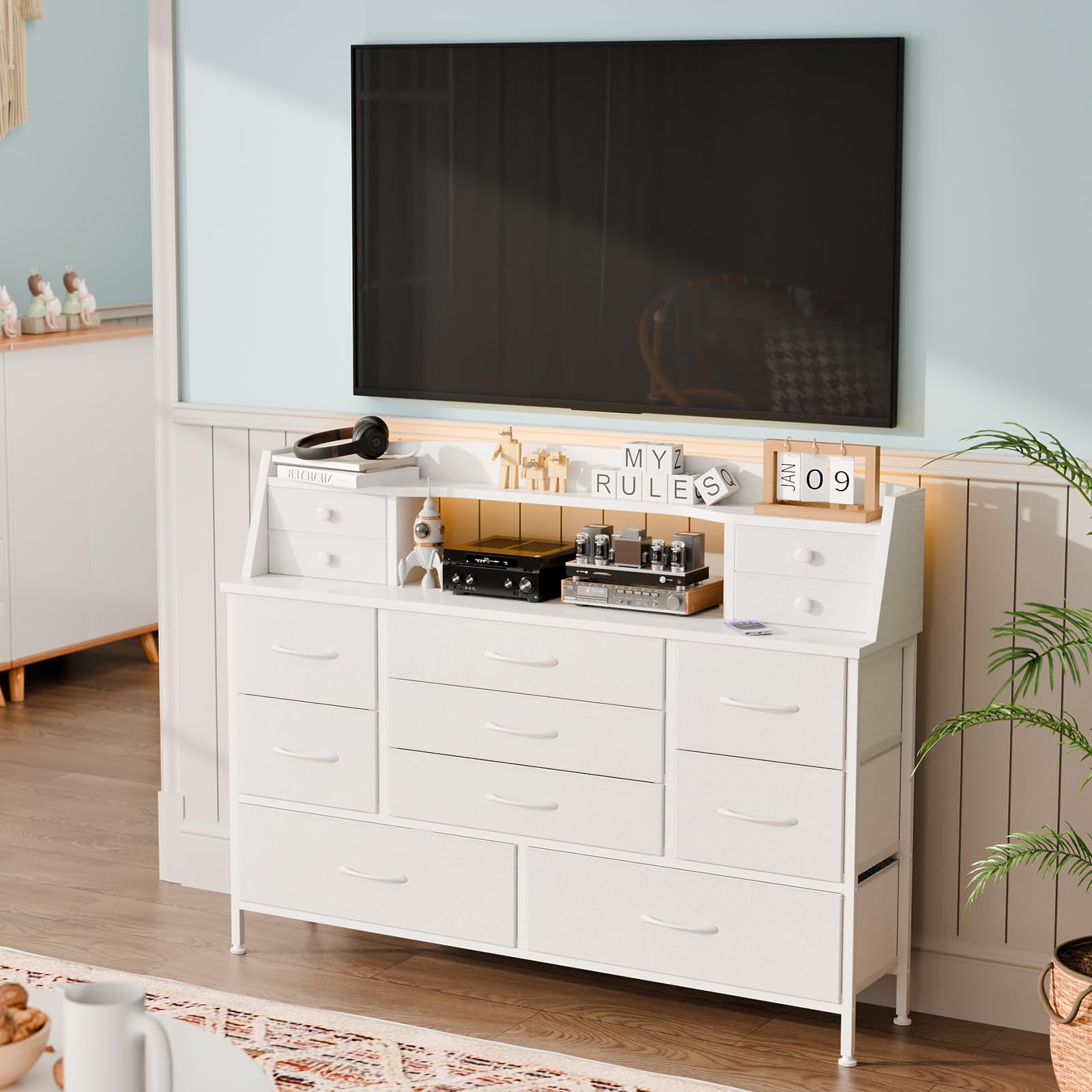 White 13-Drawer Fabric Dresser with PU Finish - Versatile Storage for Bedroom, Nursery, Living Room, Closet & Hallway | Perfect for Kids, Girls & Adults | Space-Saving Organizer for Clothes, Toys & Home Essentials