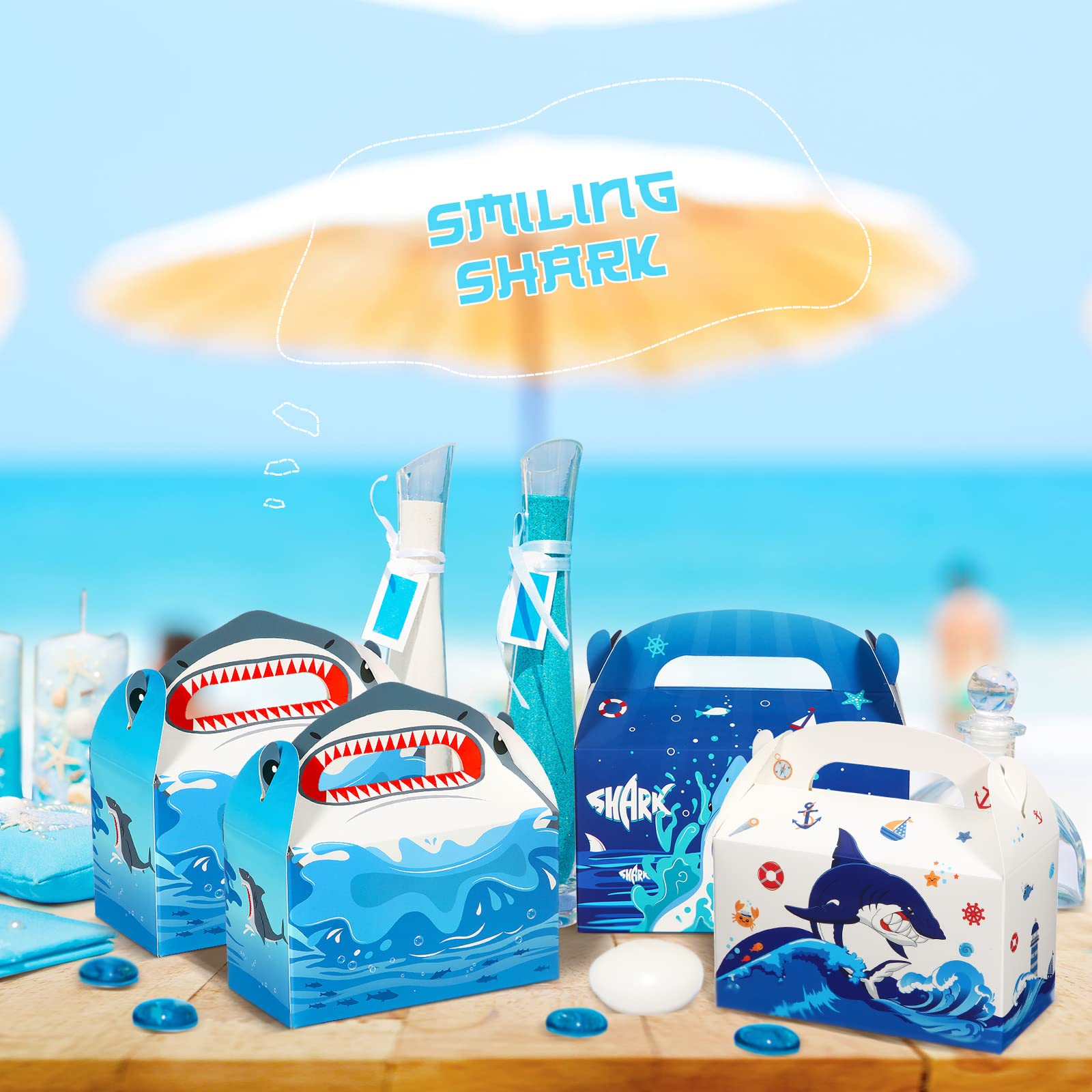 24 Pack Shark Party Favor Boxes 4.8x2.4x2.76 Inch - Mini Gable Goodie Bags for Candy, Ocean Theme Party Supplies - Perfect for Kids Birthday, Baby Shower, Beach & Pool Party Decorations (Blue)