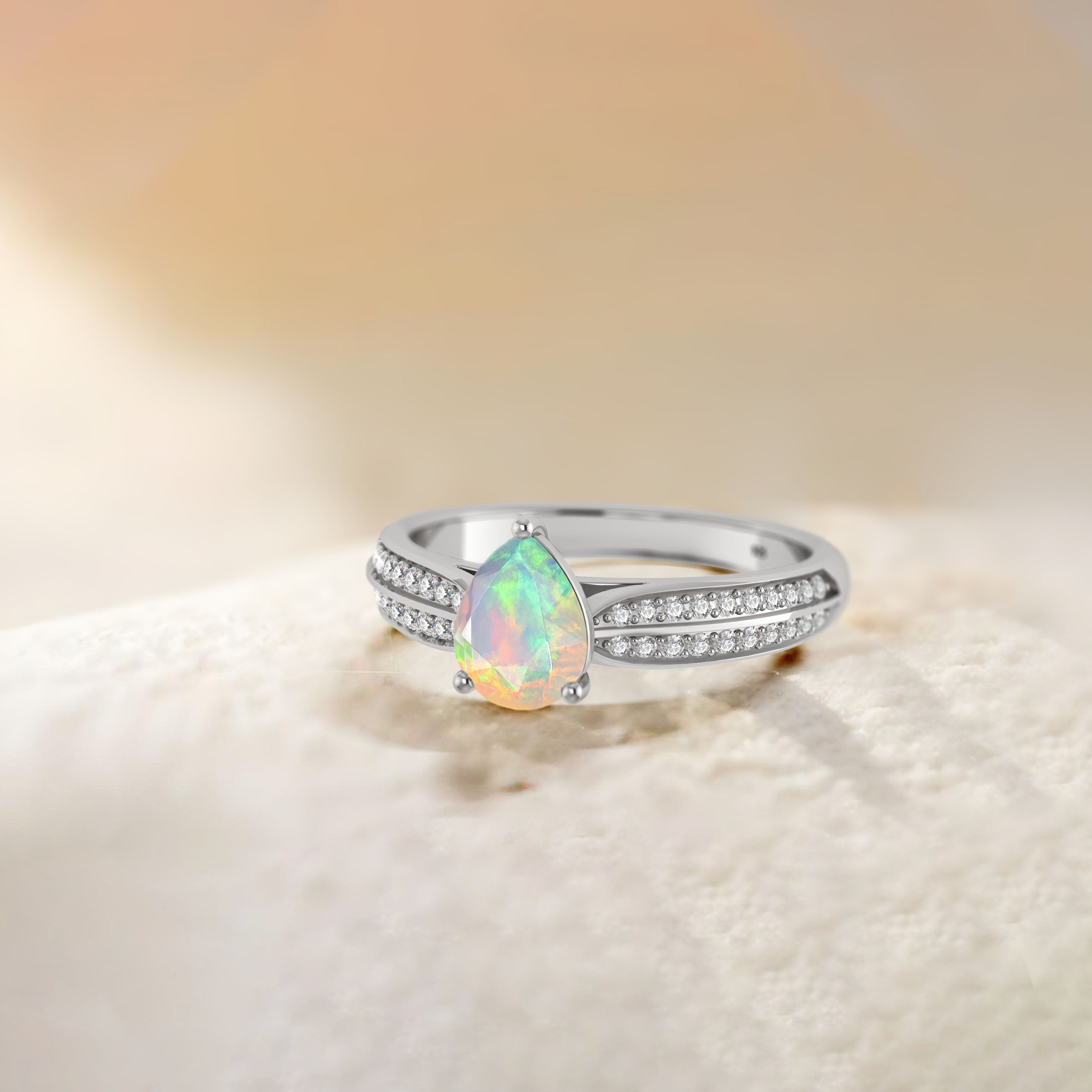 Natural White Opal and Zircon Solitaire Ring with Accent Stones - Elegant Dainty Jewelry for Women, Perfect for Engagement, Wedding, Anniversary Gifts & Everyday Wear