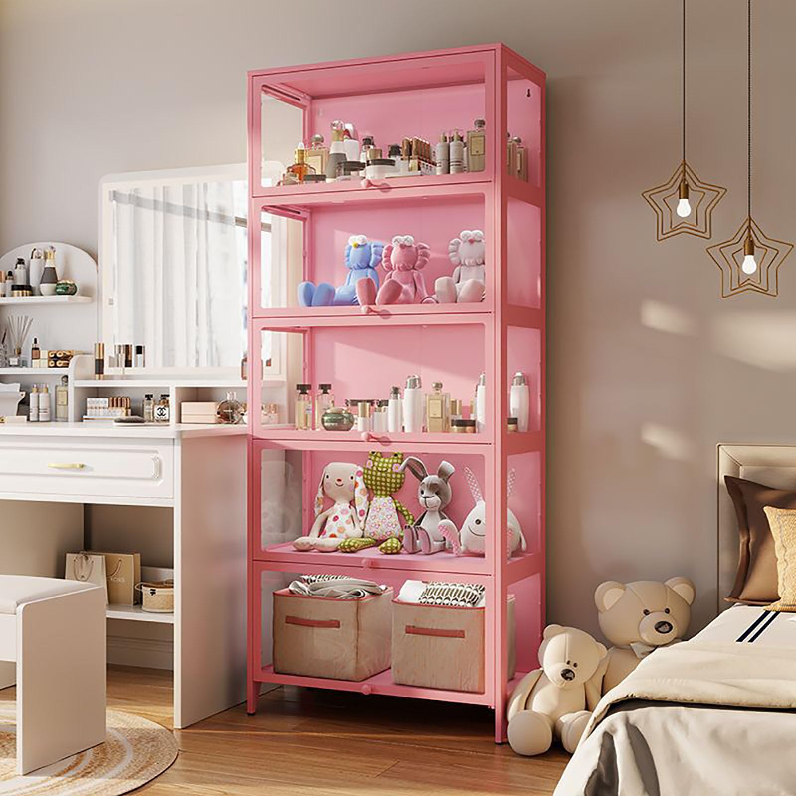 Pink Glass Curio Display Cabinet with Acrylic Door - 100x176cm Large Collectible Storage Shelf for Toys, Figurines & Memorabilia - Perfect for Living Room, Bedroom or Office Display