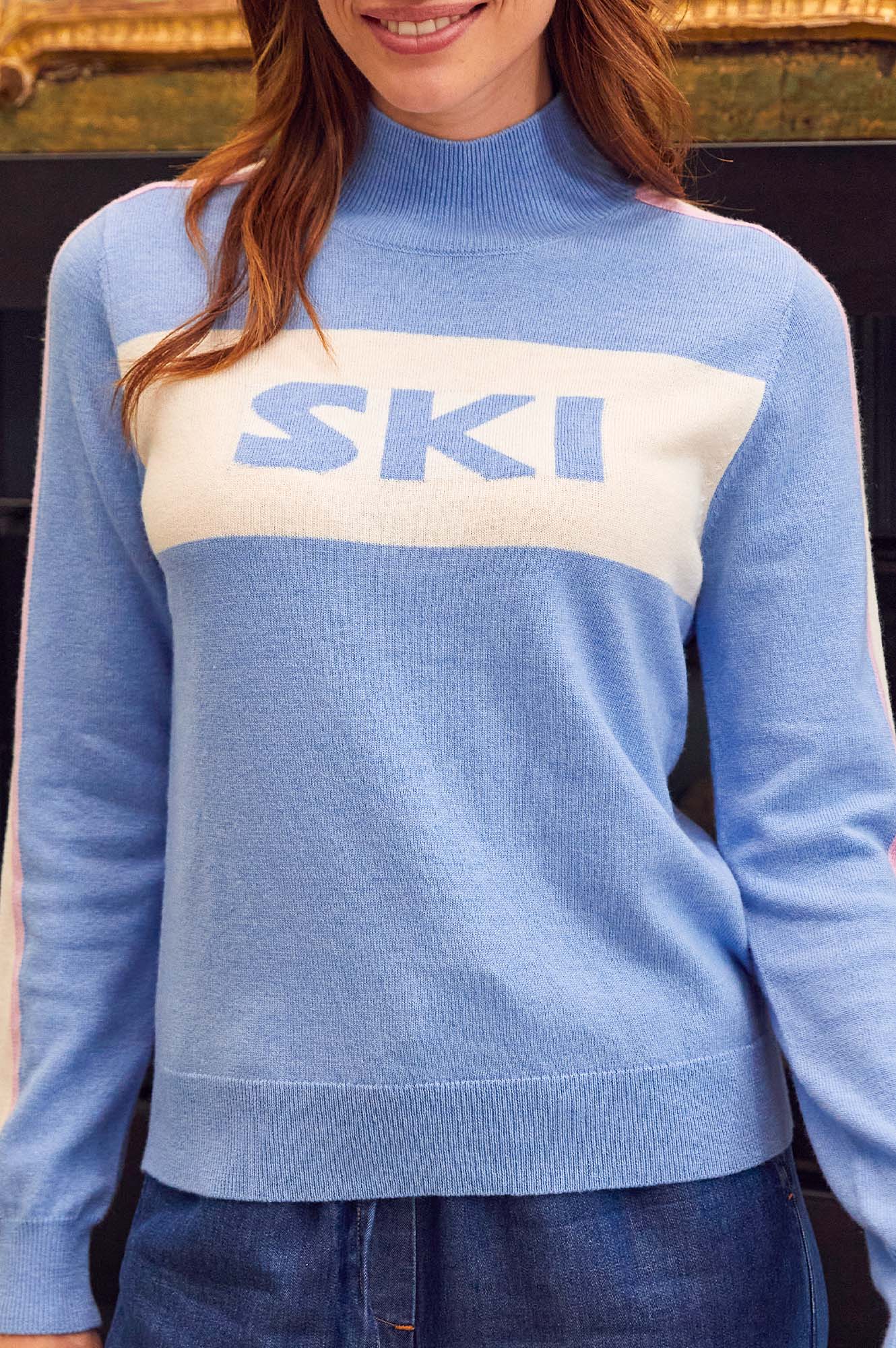 Premium Merino Wool Ski Sweater for Women - Slim Fit Funnel Neck Pullover in Serene Blue, Cream & Pink | Warm Winter Layering for Skiing & Outdoor Activities
