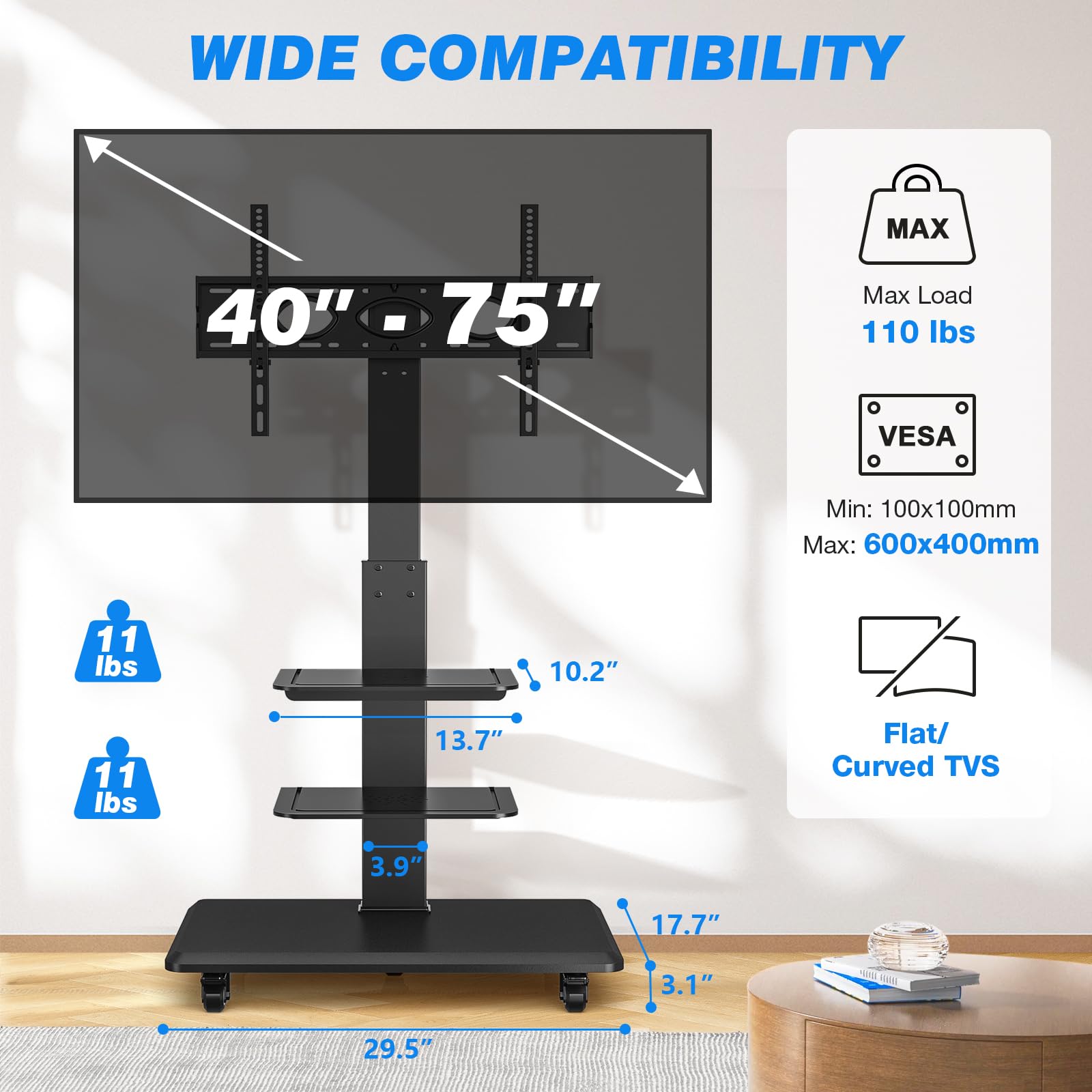 Rfiver Mobile TV Cart Rolling Stand for 40-75 Inch Flat/Curved TVs - Heavy Duty Floor TV Stand with Swivel Mount (110 lbs Capacity) - Height Adjustable Wheels for Living Room, Bedroom & Office Use