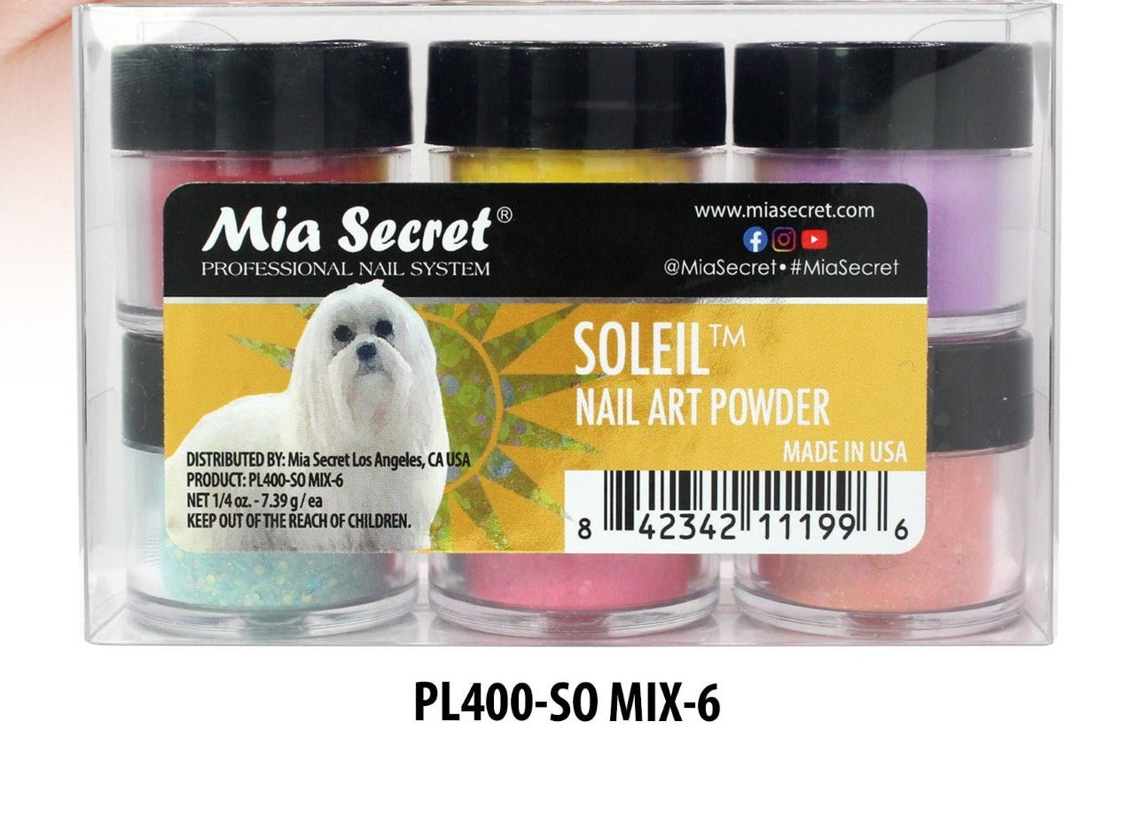 MIA SECRET COLORED ACRYLIC SOLEIL 6-PIECE NAIL POWDER SET - Professional Salon Quality Dip Powder Kit for Long-Lasting Manicures at Home or Salon