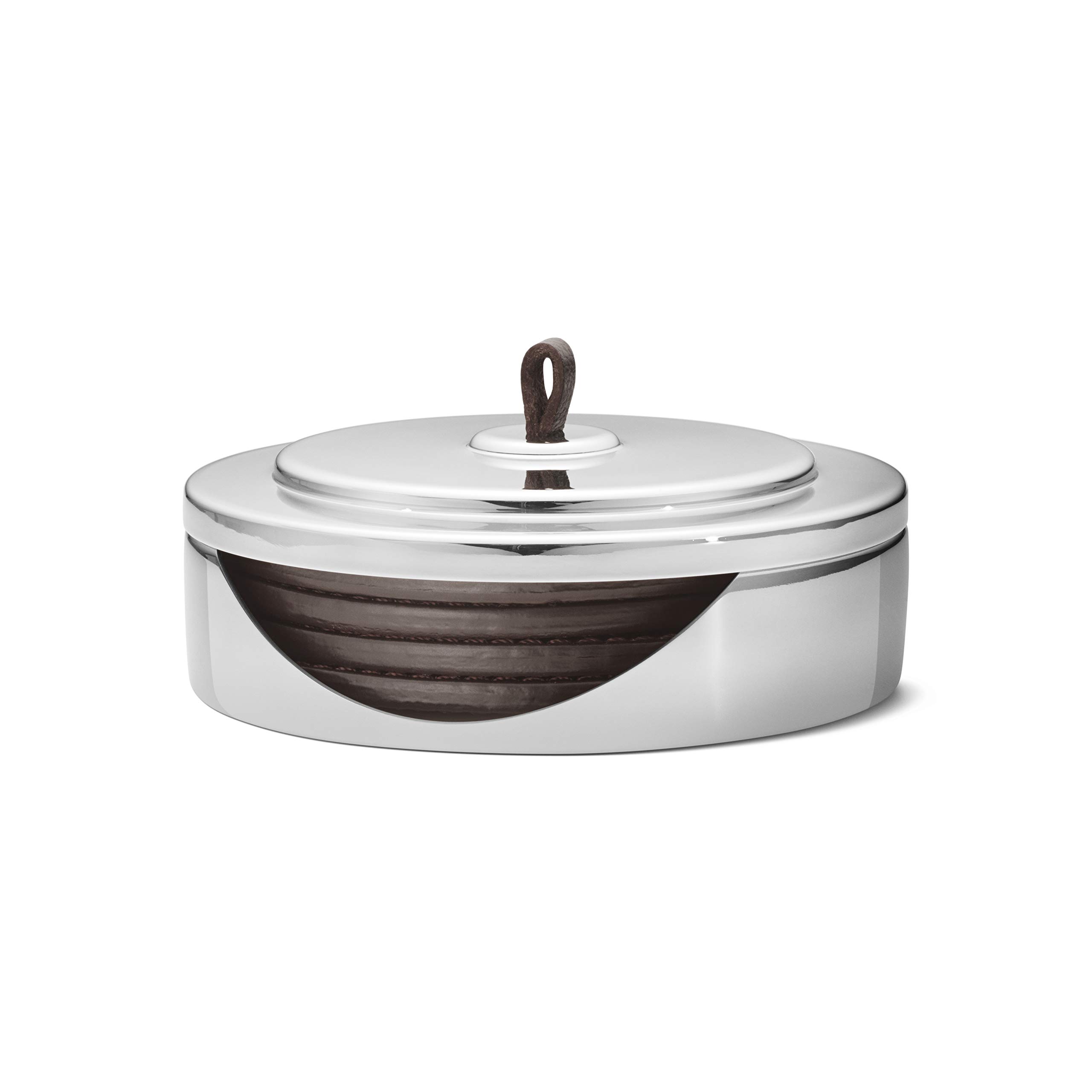 Georg Jensen Manhattan Collection Coaster Set - 4 Premium Leather Drink Coasters with Stainless Steel Case | Elegant Home Bar & Dining Table Accessories for Wine, Cocktail & Coffee Protection