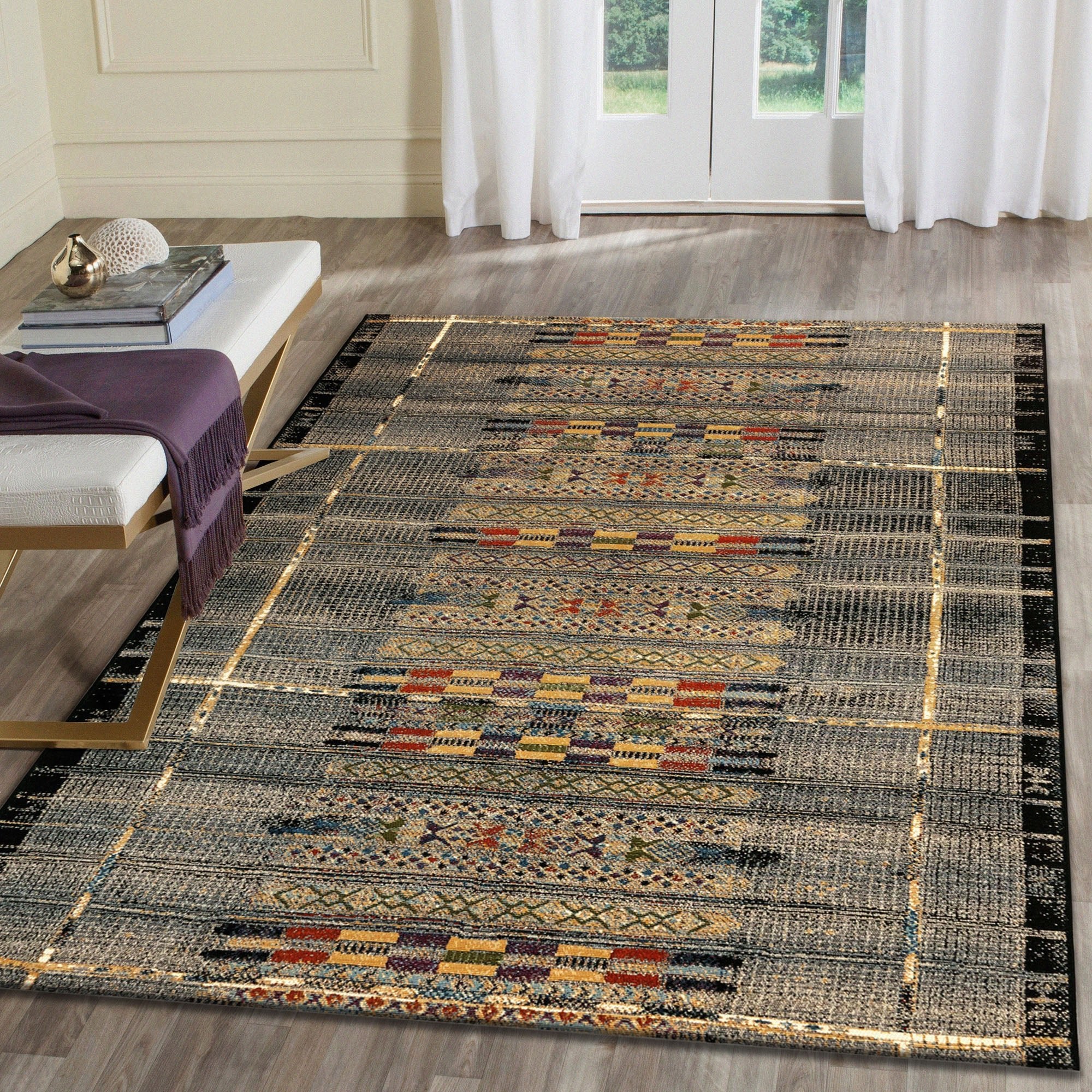 Liora Manne Marina Tribal Stripe Indoor/Outdoor Area Rug - Black | Boho Chic Home Decor for Living Room, Bedroom, Patio & Porch