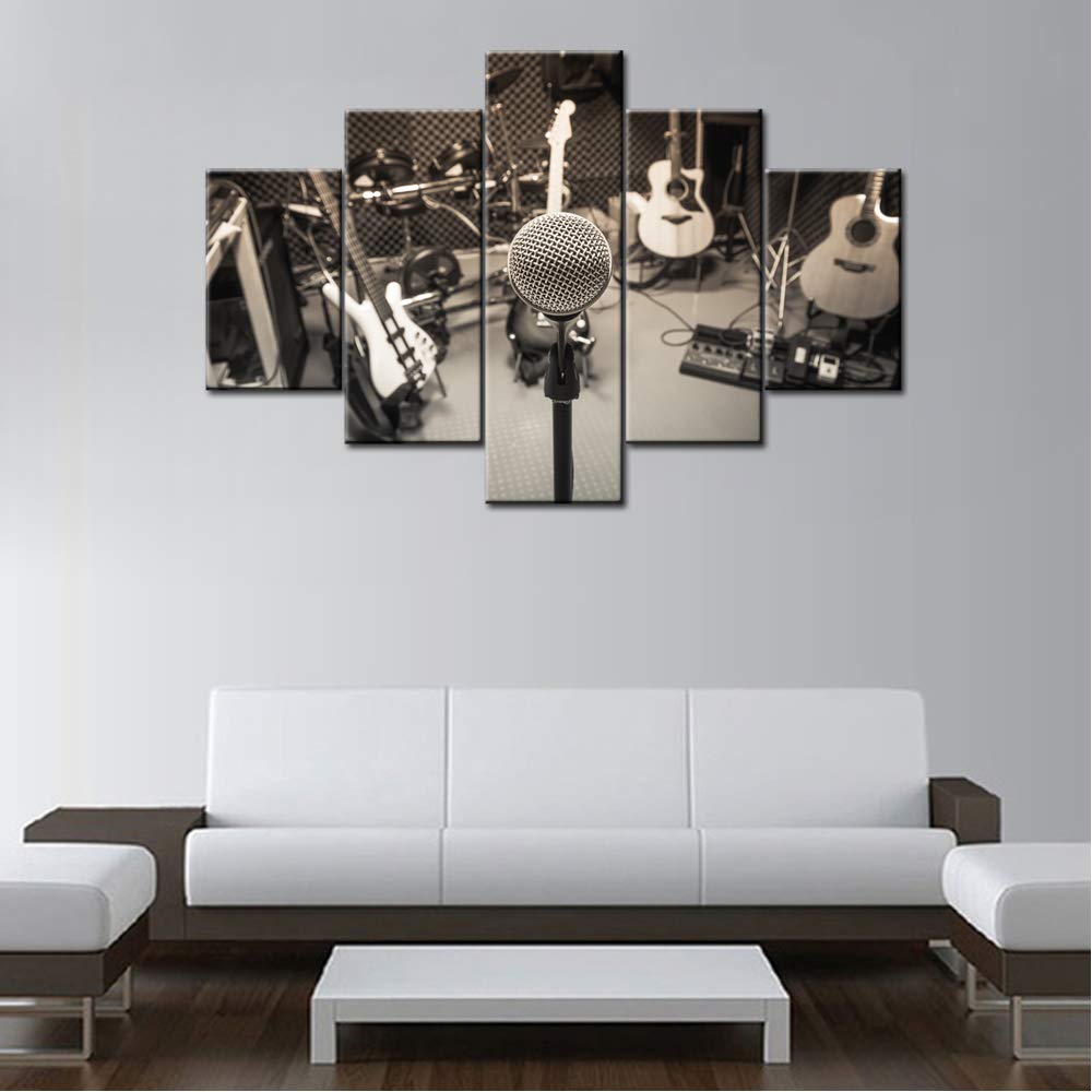Focus Microphone Artwork - 5-Piece Music Series Wall Decor with Rock Band, Guitar, Piano, Shelf & Drum Set - Black & White Background with LED Lights - Modern DJ Home Decor for Living Room & Bedroom (60