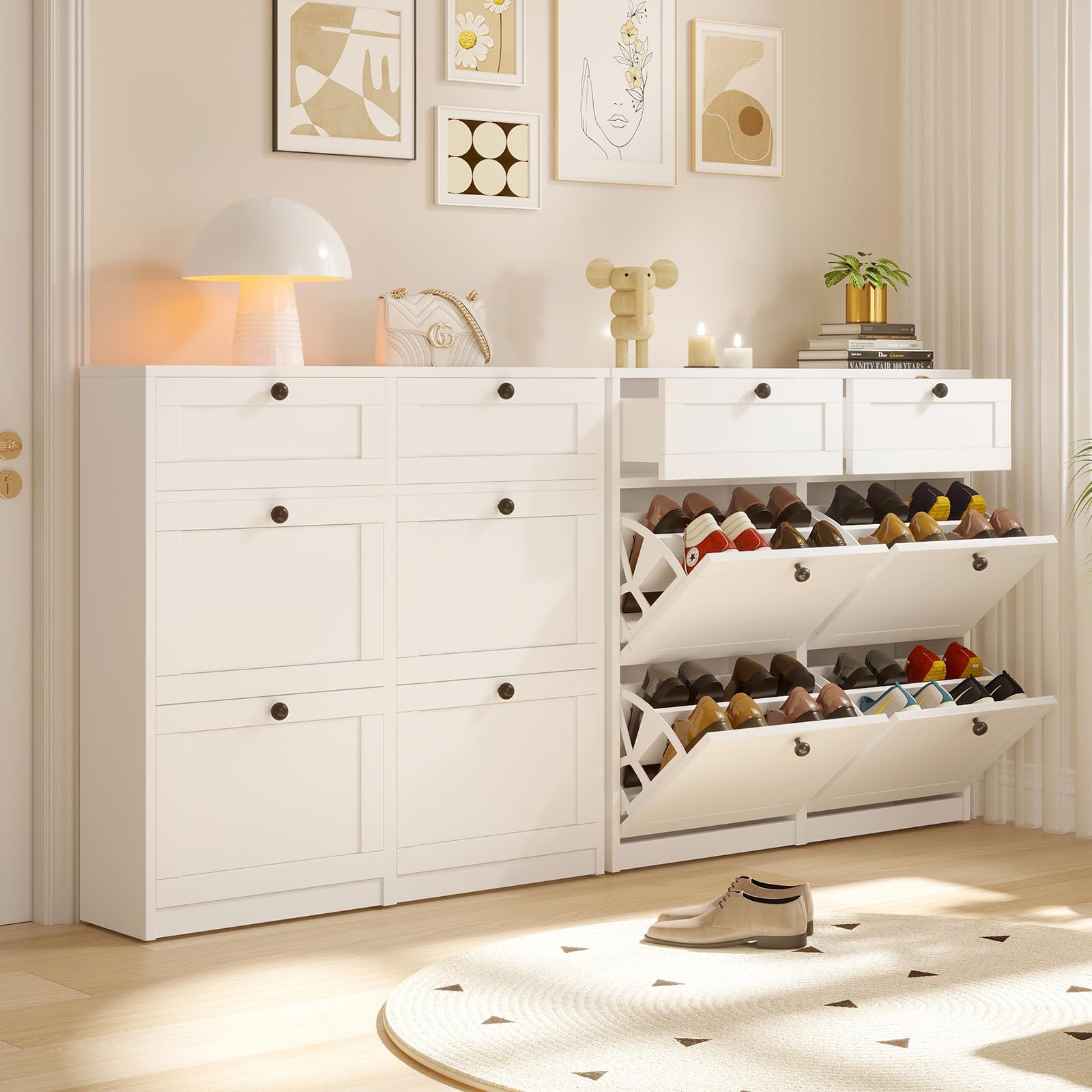 VOWNER 4 Flip Drawers & 2 Drawers Shoe Storage Cabinet - Adjustable Shelves Freestanding Shoe Organizer for Entryway, Hallway, Living Room - Perfect for Small Spaces & Apartment Organization (White)