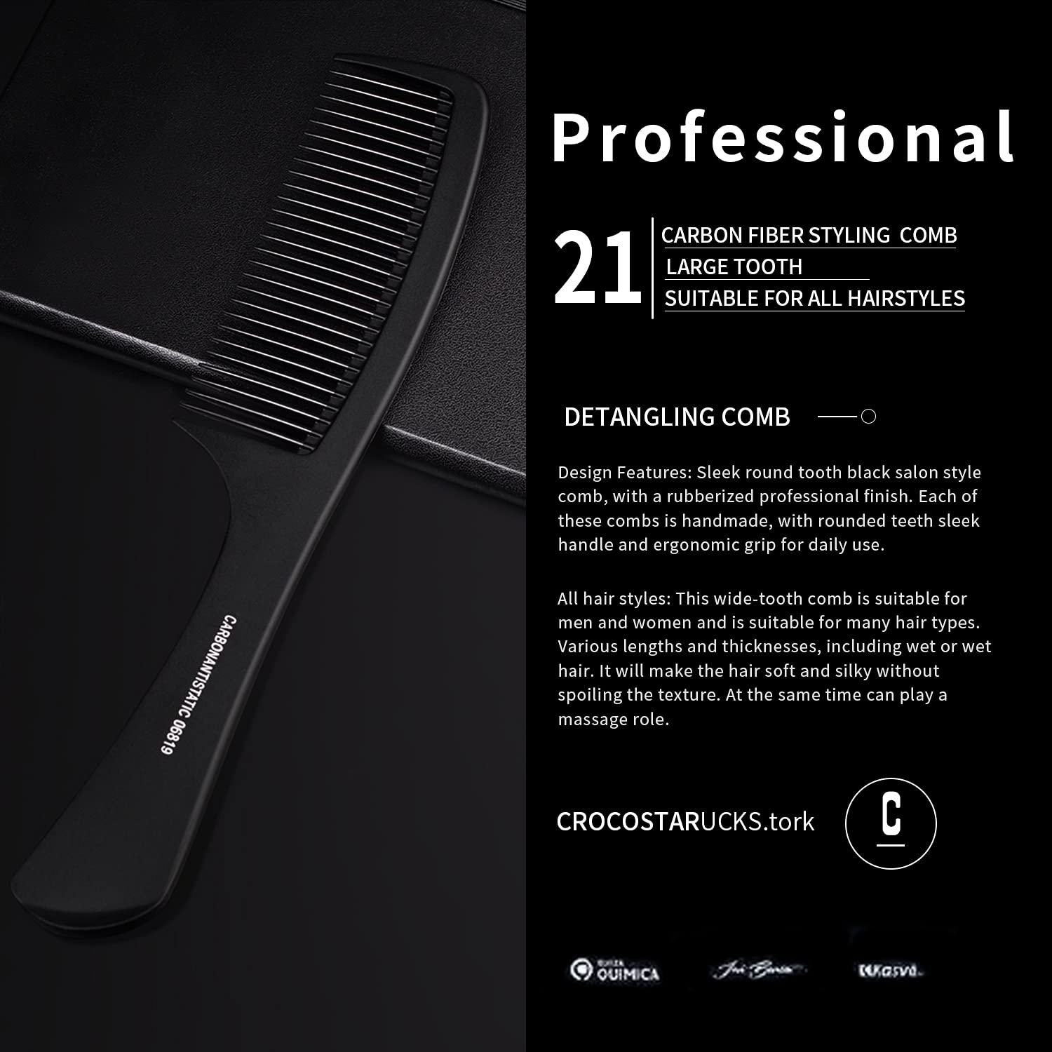 Professional Carbon Fiber Detangling Comb with Round Teeth - Ergonomic Handle for Smooth Hair Styling, Cutting & Barber Use - Perfect Travel Hair Comb for Men & Women - Salon, Home & On-the-Go Grooming Essential