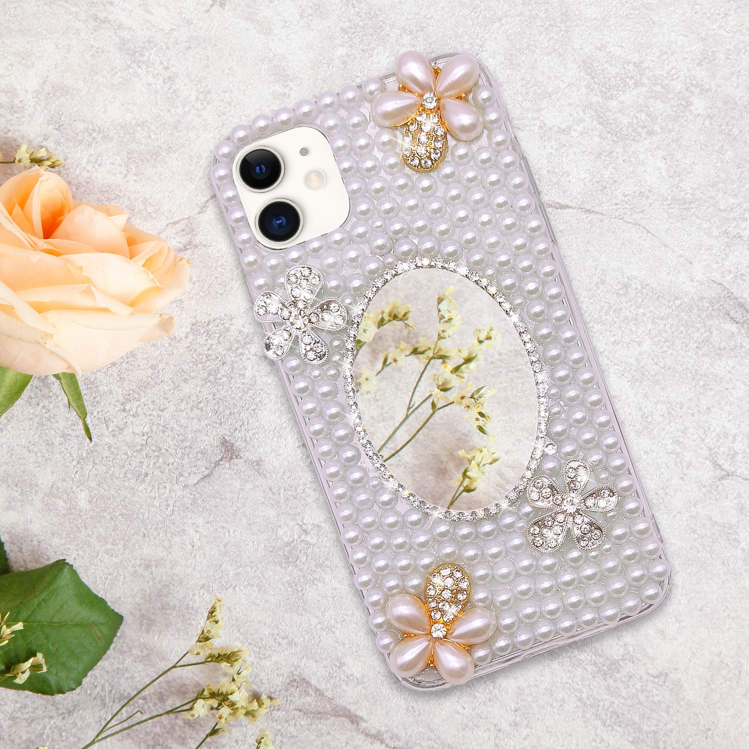 Sparkly Rhinestone Flower iPhone 12 Case for Women - Luxury Glitter Pearl Crystal Clear TPU Protective Phone Cover with Mirror Makeup Case | Perfect for Parties, Weddings & Everyday Glam Style