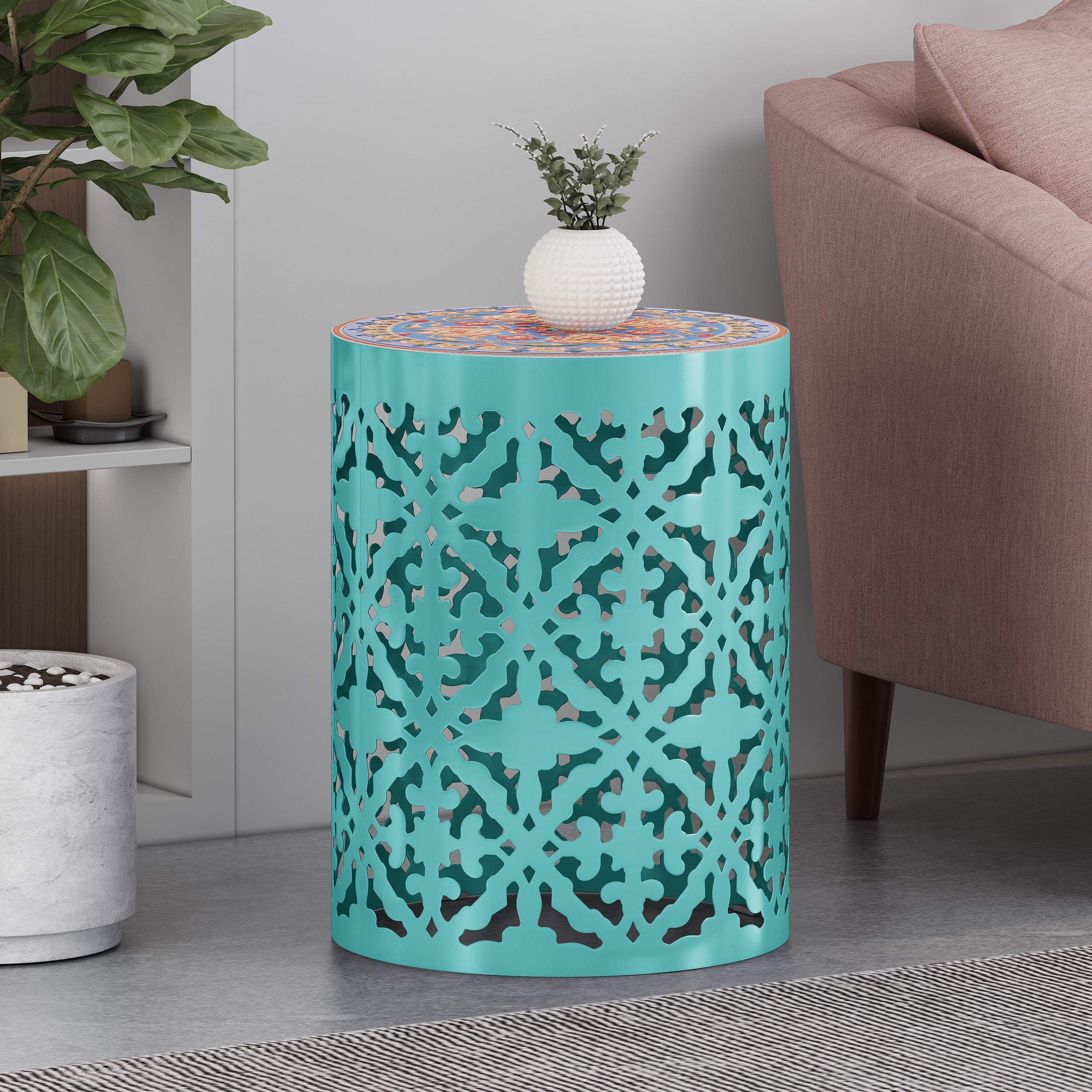 Christopher Knight Home Jesse Indoor Lace Cut Side Table with Tile Top in Teal - Perfect for Living Room, Bedroom, or Office Accent Table