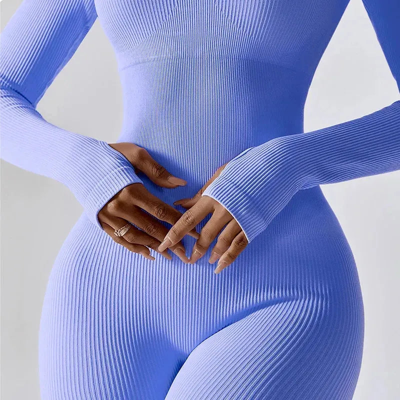 Women's Ribbed Long Sleeve Yoga Jumpsuit - Square Neck Workout Romper Bodysuit for Gym, Pilates & Home Exercise | Comfortable Sportswear for Women's Fitness & Active Lifestyle