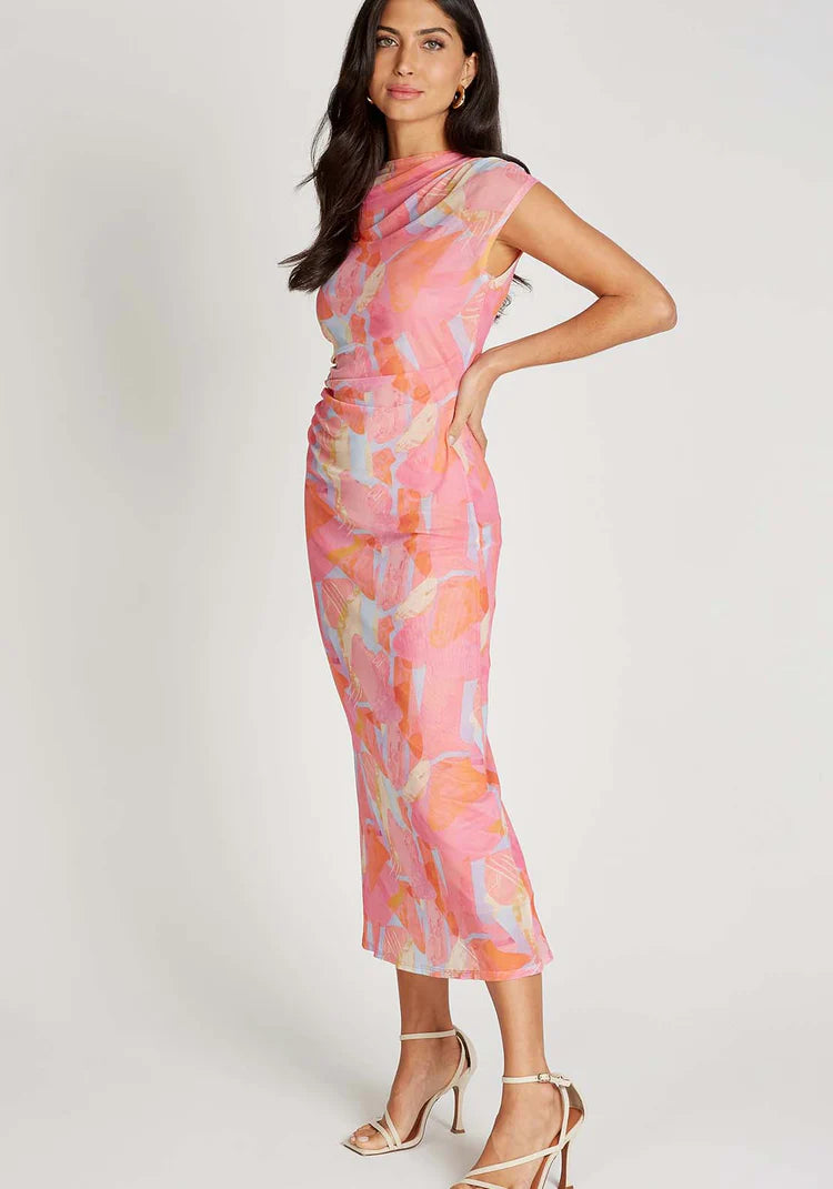 Paulette Print Mesh Midi Dress for Women - Floral Summer Dress in Pink | Perfect for Beach Vacation, Garden Party & Casual Outings