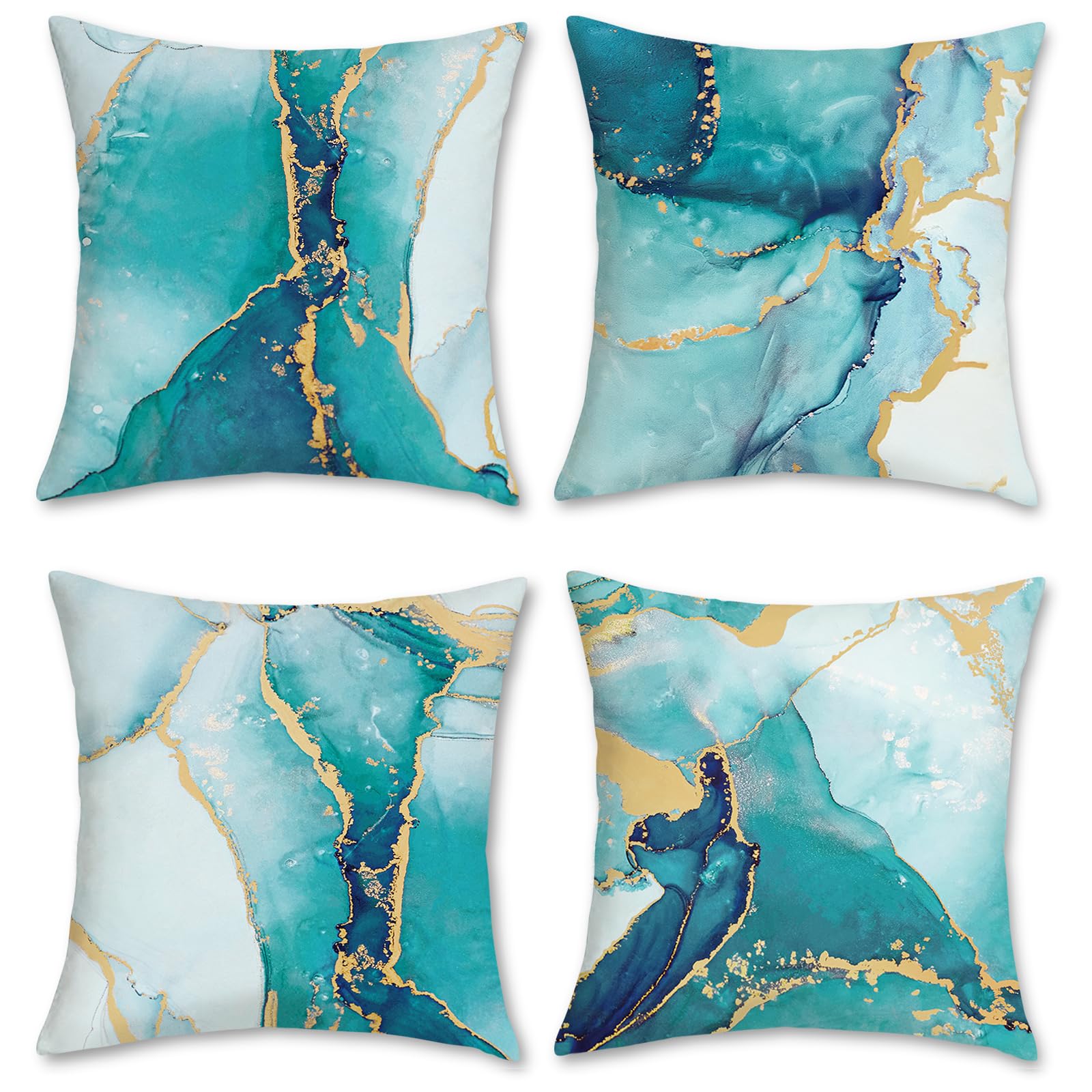Bonhause Turquoise Marble Throw Pillow Covers 18x18 Inch Set of 4 - Reversible Teal & Gold Abstract Art Velvet Cushion Covers for Sofa, Bed, Living Room - Modern Home Decor for Indoor & Outdoor Use