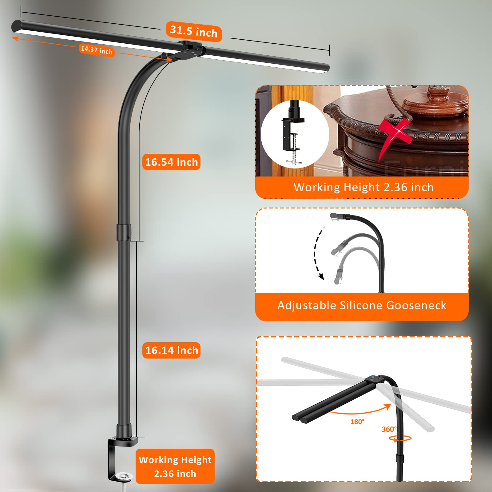 Double Head LED Desk Lamp - 24W Brightest Architect & Workbench Lighting with 5 Color Modes & Dimmable Eye Protection - Modern Home Office Lamp for Reading, Studying & Computer Work