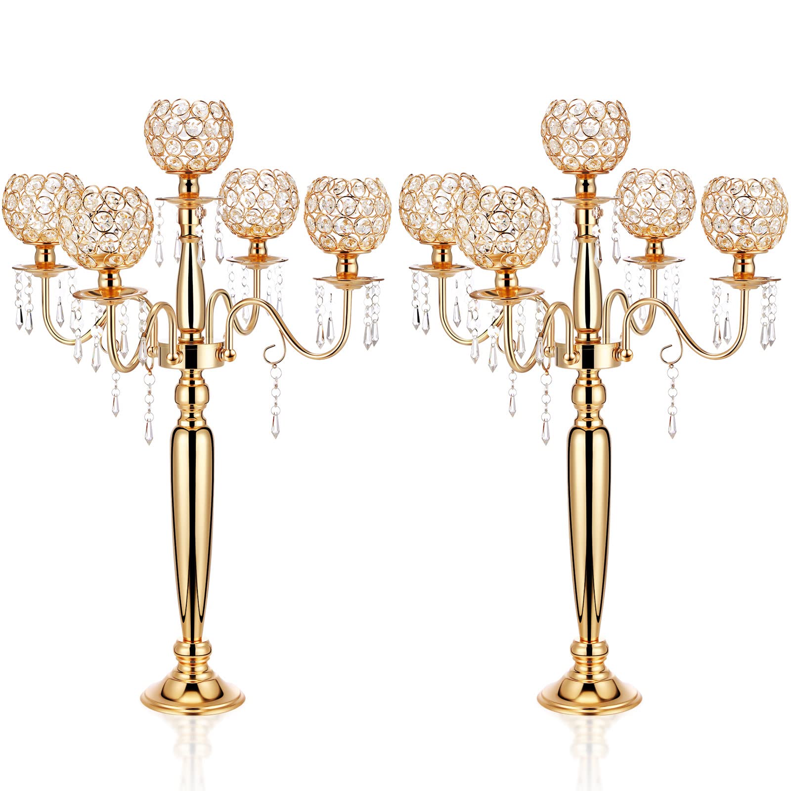 2 Pcs 29.5 Inch Gold Crystal Candelabra Centerpieces - 5 Arm Tall Candle Holders for Wedding, Party, Dinner Table Decor - Elegant Crystal Candle Holders for Formal Events, Home Dining & Holiday Decorations