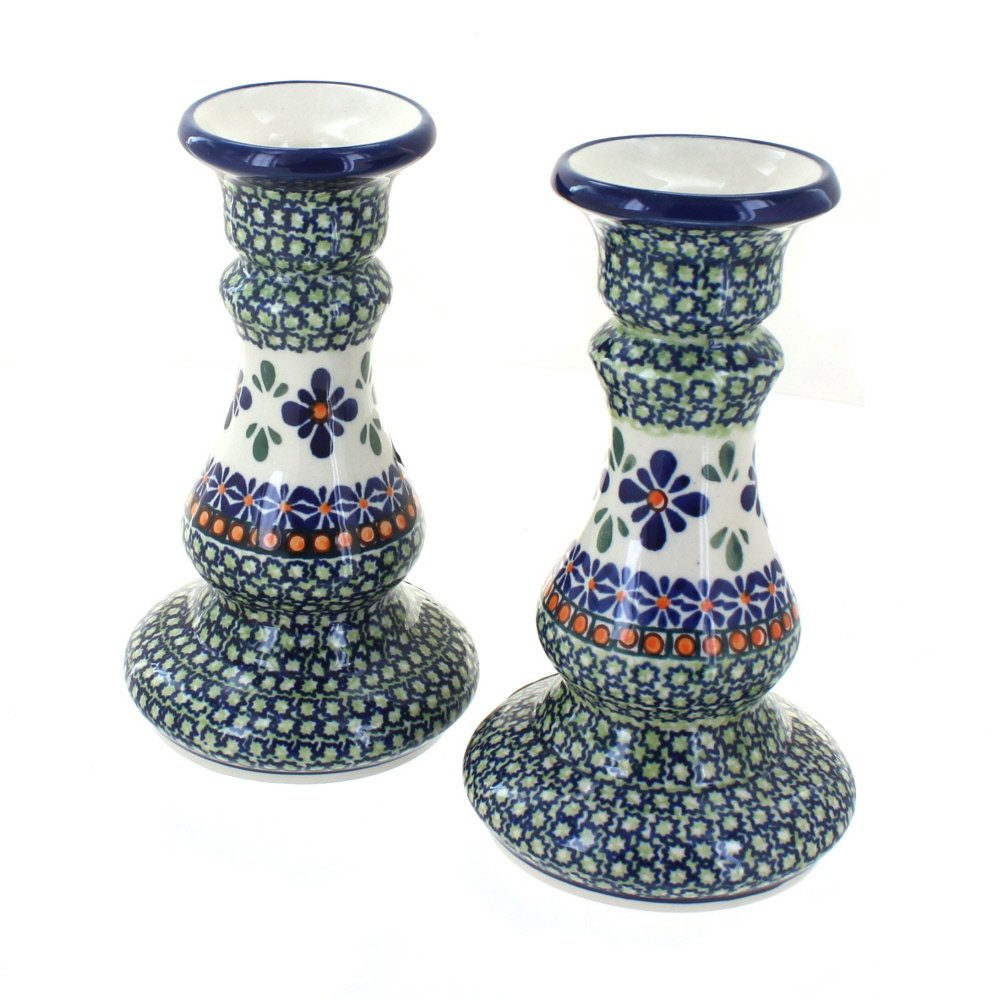 Handmade Blue Rose Polish Pottery Mosaic Flower Candlestick Pair - Vintage Ceramic Candle Holders for Wedding, Home Decor & Romantic Dinner Ambiance