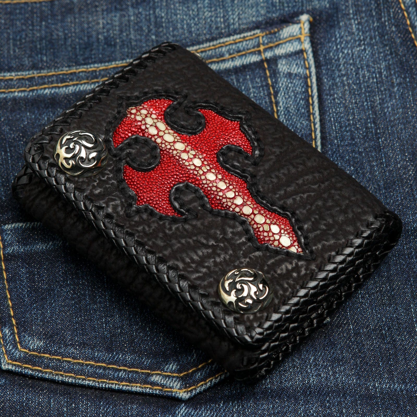 Genuine Leather Biker Wallet with Chain - Gothic Style Red Wallet for Men - Perfect for Motorcycle Riders, Bikers, and Fashion Enthusiasts