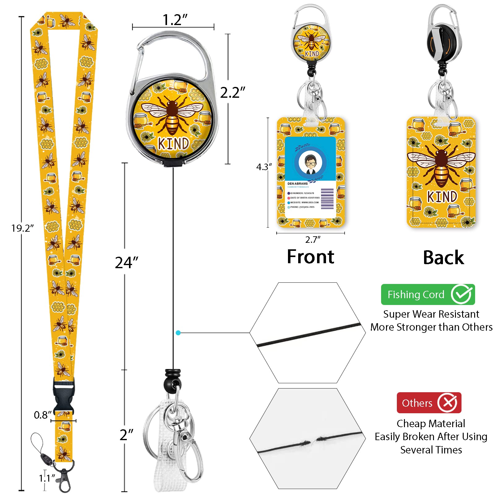 Cute Bee ID Lanyard with Retractable Badge Holder - Nurse Teacher Office Gift for Work & School