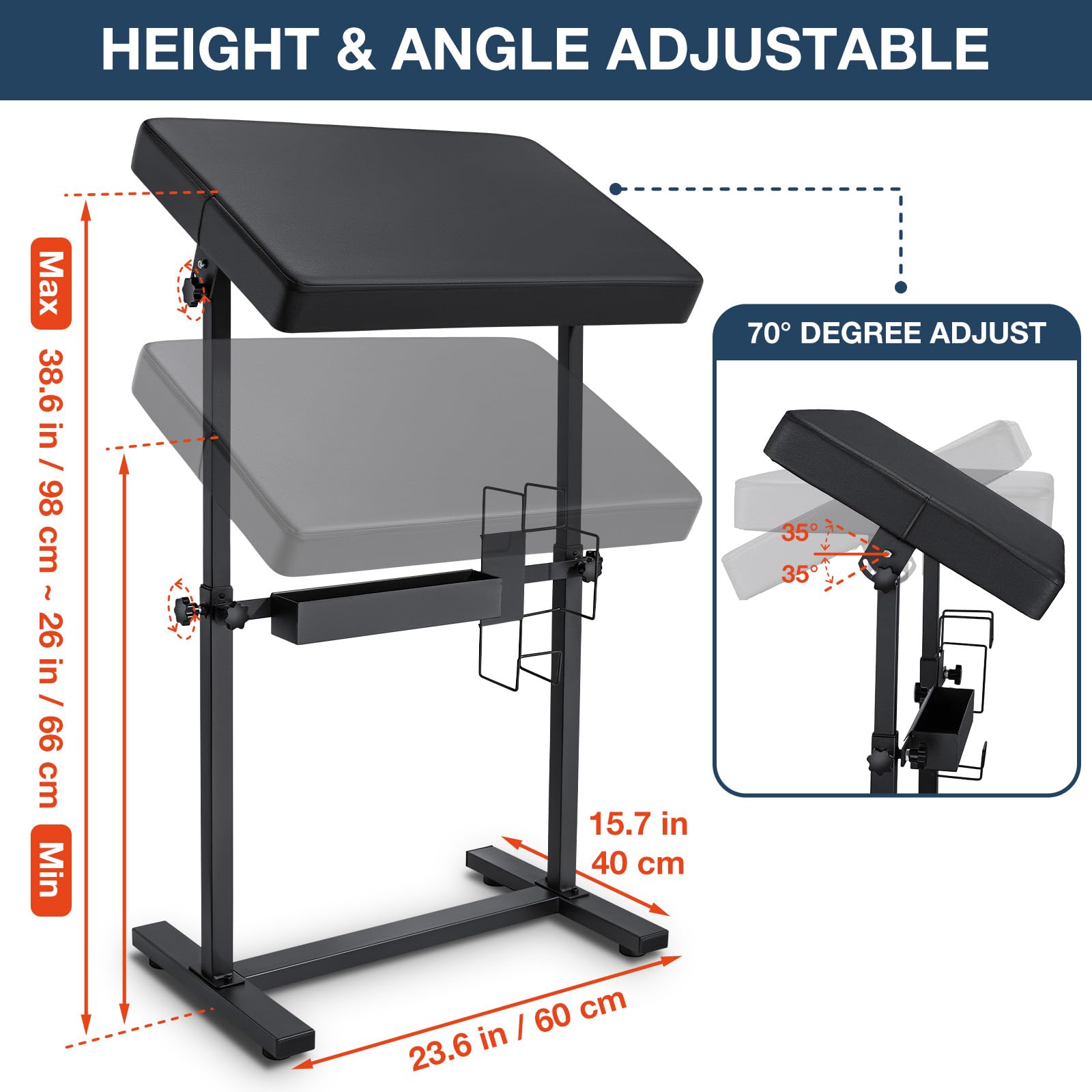 Professional Adjustable Tattoo Armrest Stand with Black PU Leather Pad - 70° Rotation, Height Adjustable, Sturdy 4-Corner Base - Perfect for Tattoo Artists, Studios & Home Tattoo Practice