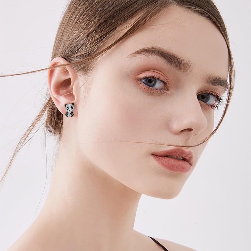 Hypoallergenic CZ Panda Stud Earrings for Women - Sterling Silver Plated Asymmetric Crystal Animal Huggie Earrings - Sensitive Ear Friendly Fashion Jewelry - Perfect Gift for Daughter, Sister & BFF - Great for Casual Wear, Date Nights & Special Occasions