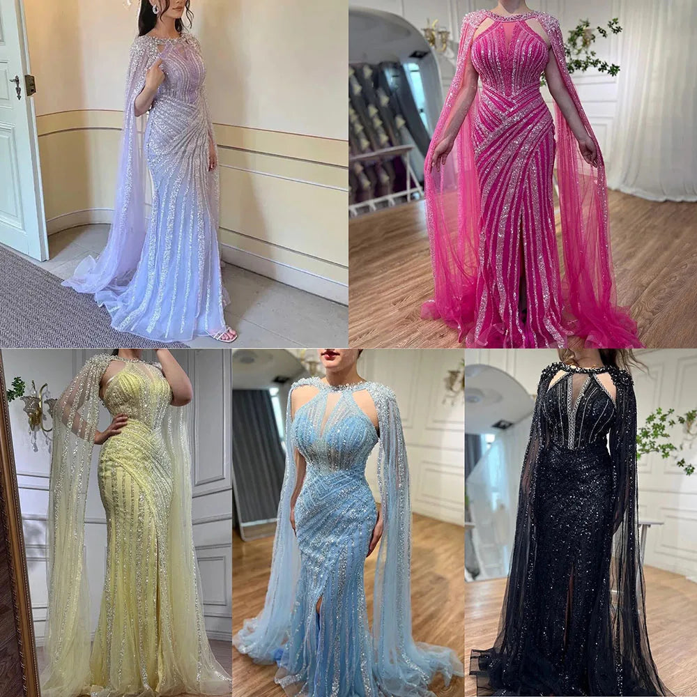 Elegant Yellow Crystal Evening Gown with Cape Sleeves - LA72085 for Prom, Gala & Formal Events