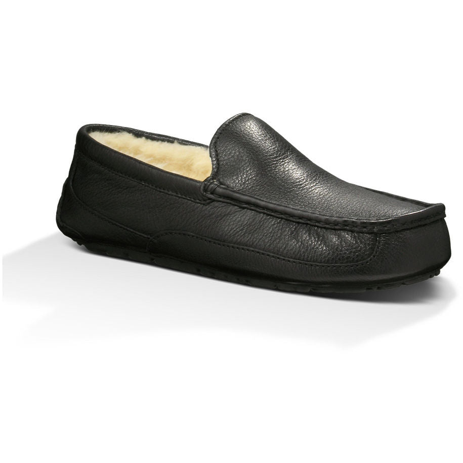 UGG Men's Ascot Leather Slippers - Black Genuine Leather House Shoes for Indoor & Outdoor Comfort | Perfect for Lounging at Home, Running Errands, and Travel