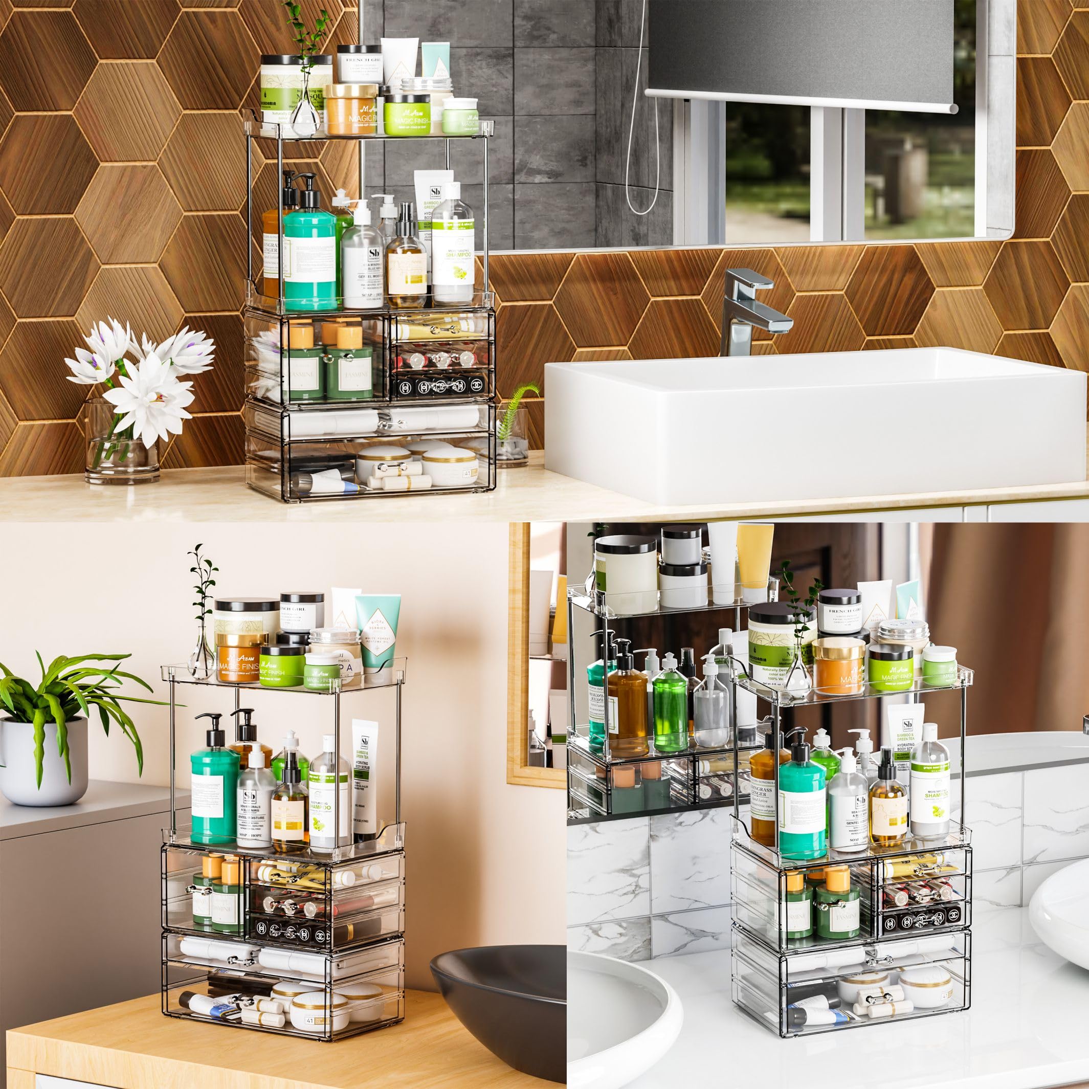 3-Tier 6-Drawer Clear Acrylic Bathroom Organizer Shelf - Stackable Makeup & Skincare Storage for Cosmetics, Lotions, Beauty Products - Perfect for Vanity, Countertop, Bedroom or Bathroom Organization (18.9