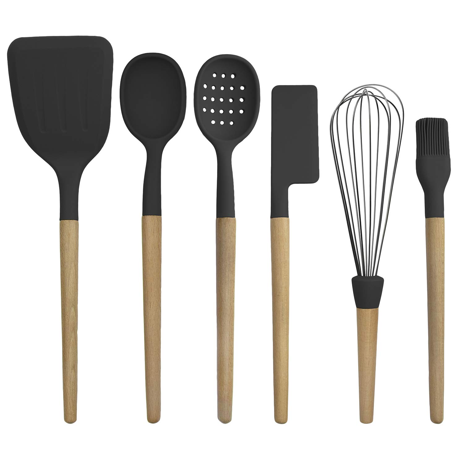 Non-Stick Silicone Cooking Utensil Set with Wooden Handles - 6-Piece Kitchen Tool Set for Baking, Frying & Stirring - Perfect for Home Chefs & Holiday Cooking (Black)