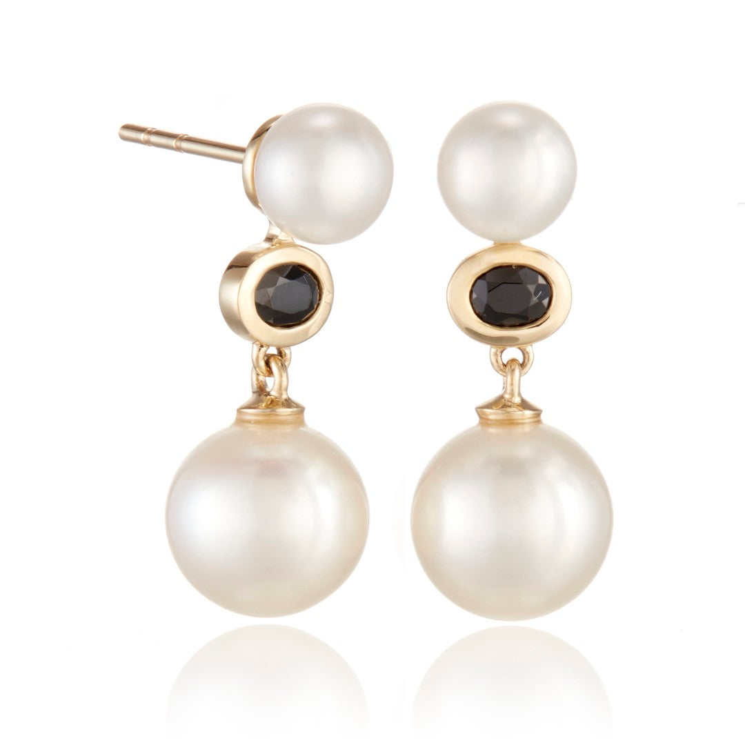 Odéon Pearl and Black Spinel Drop Earrings – Elegant Dangle Earrings for Women, Perfect for Weddings, Parties & Evening Events